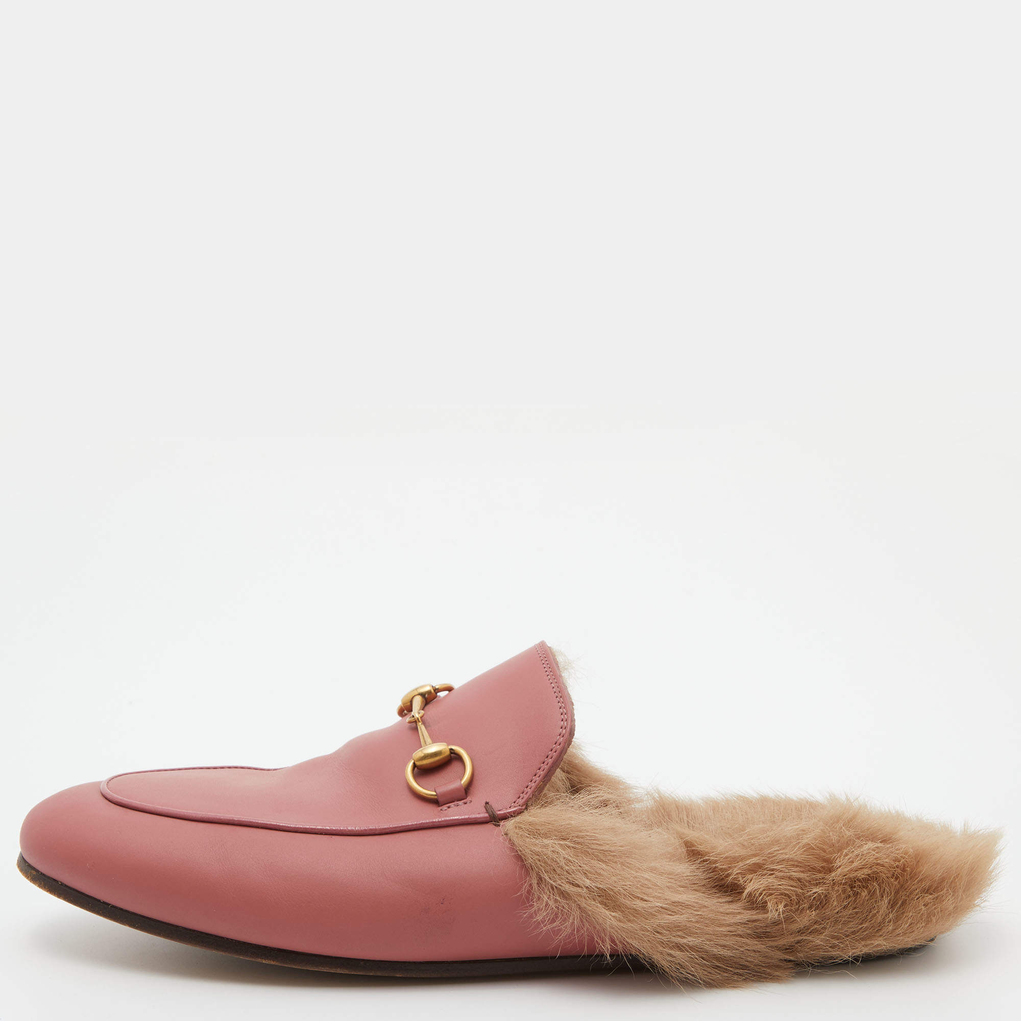 Pre Owned Gucci Pink Leather and Fur Princetown Flat Mules Size 39