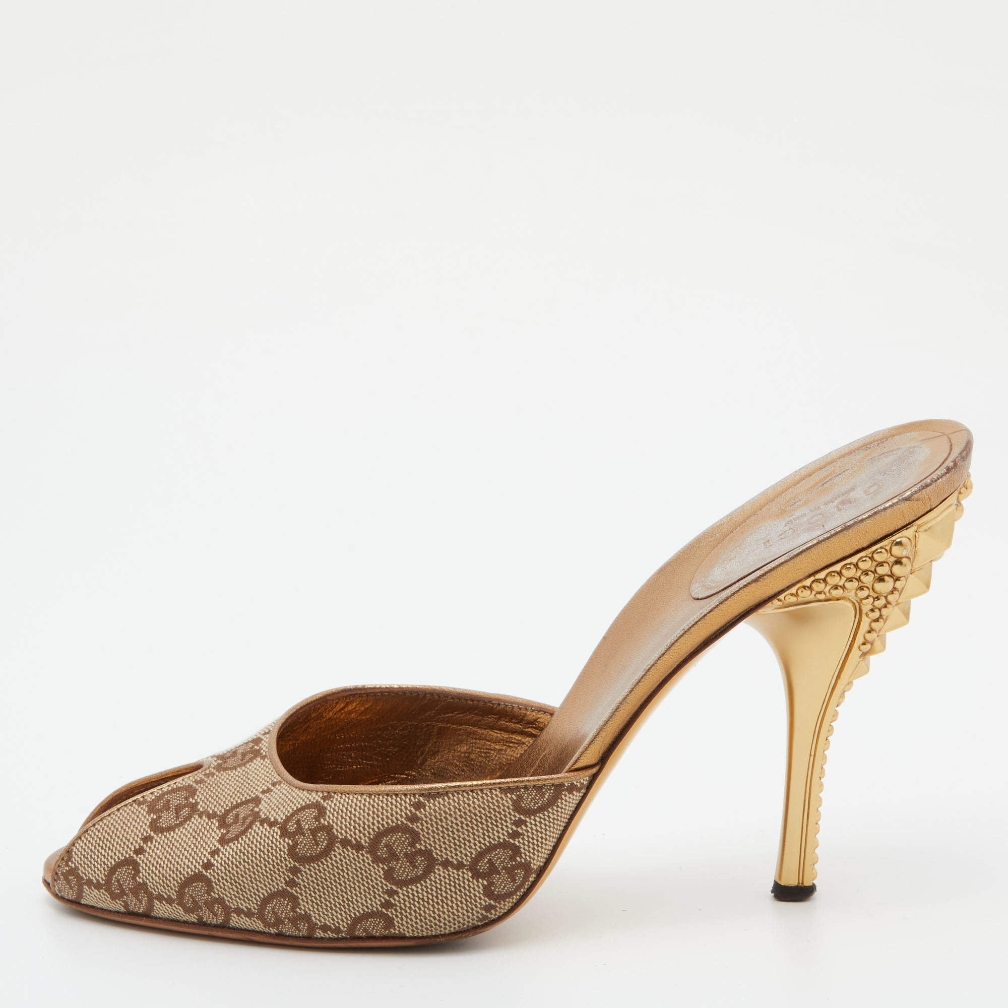 Gucci Brown/Beige GG Canvas Studded Heel Peep Toe Mules Size 37.5