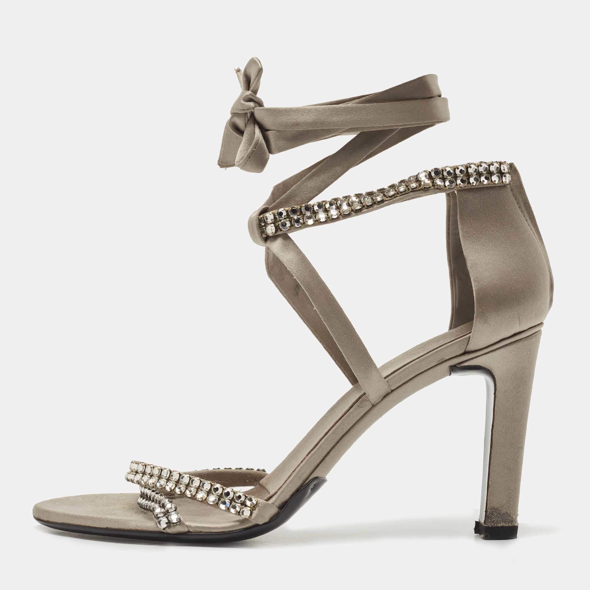 Gucci Grey Satin Crystal Embellished Ankle Wrap Sandals Size 37.5