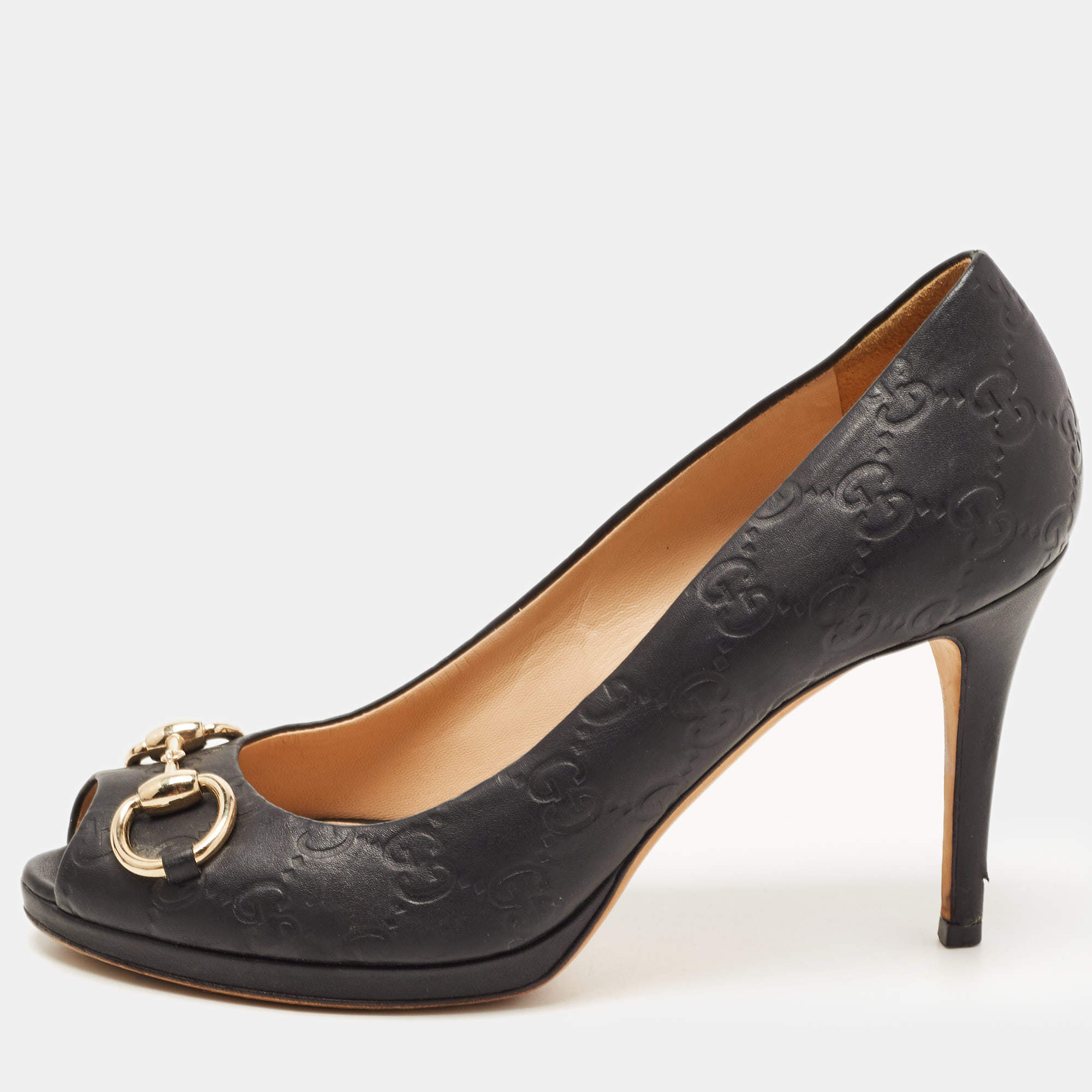 Pre Owned Gucci Black GG Leather Hollywood Horsebit Peep Toe Pumps Size 38.5