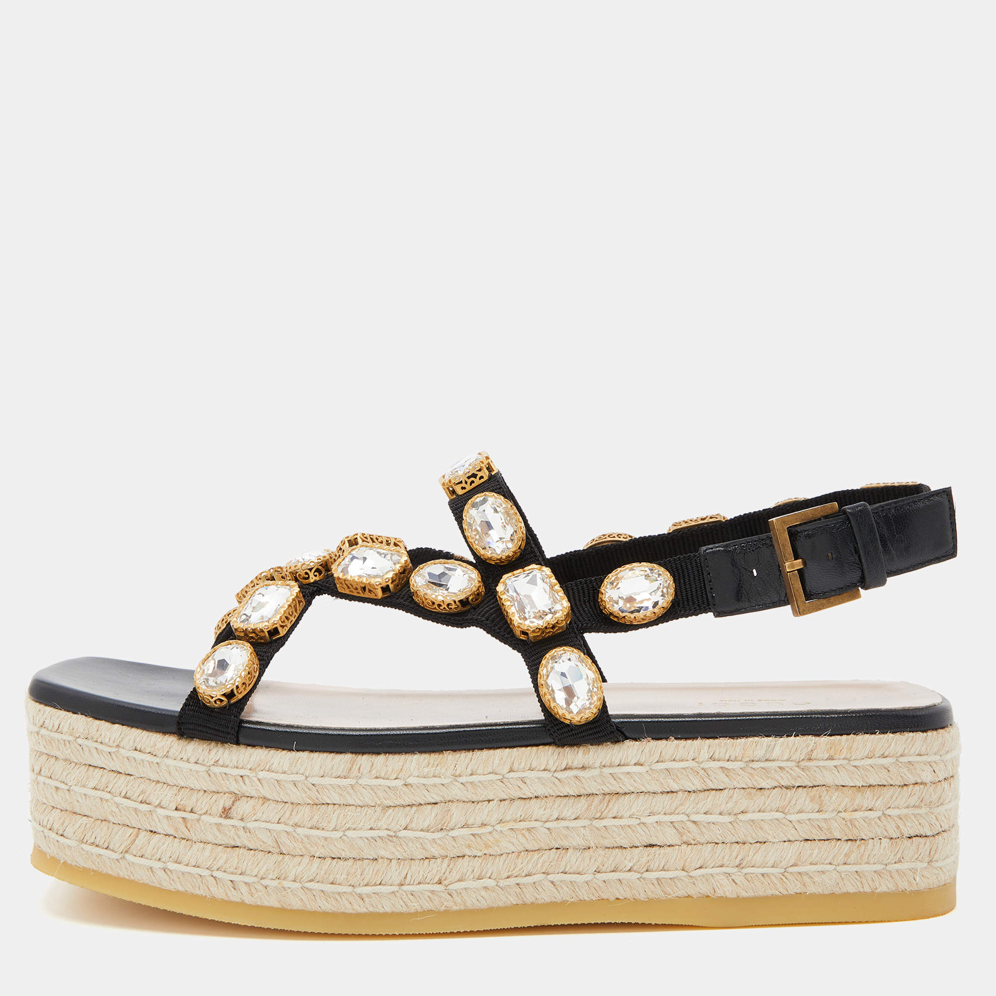 Gucci Black Nylon and Leather Pepita Crystals Platform Espadrille ...