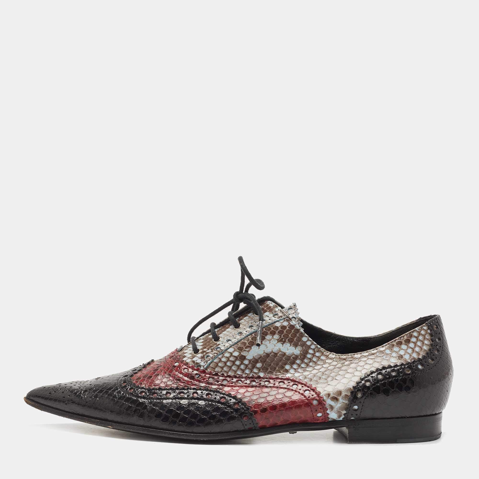 Gucci Multicolor Python Leather Brogue Pointed Toe Oxfords Size 39.5