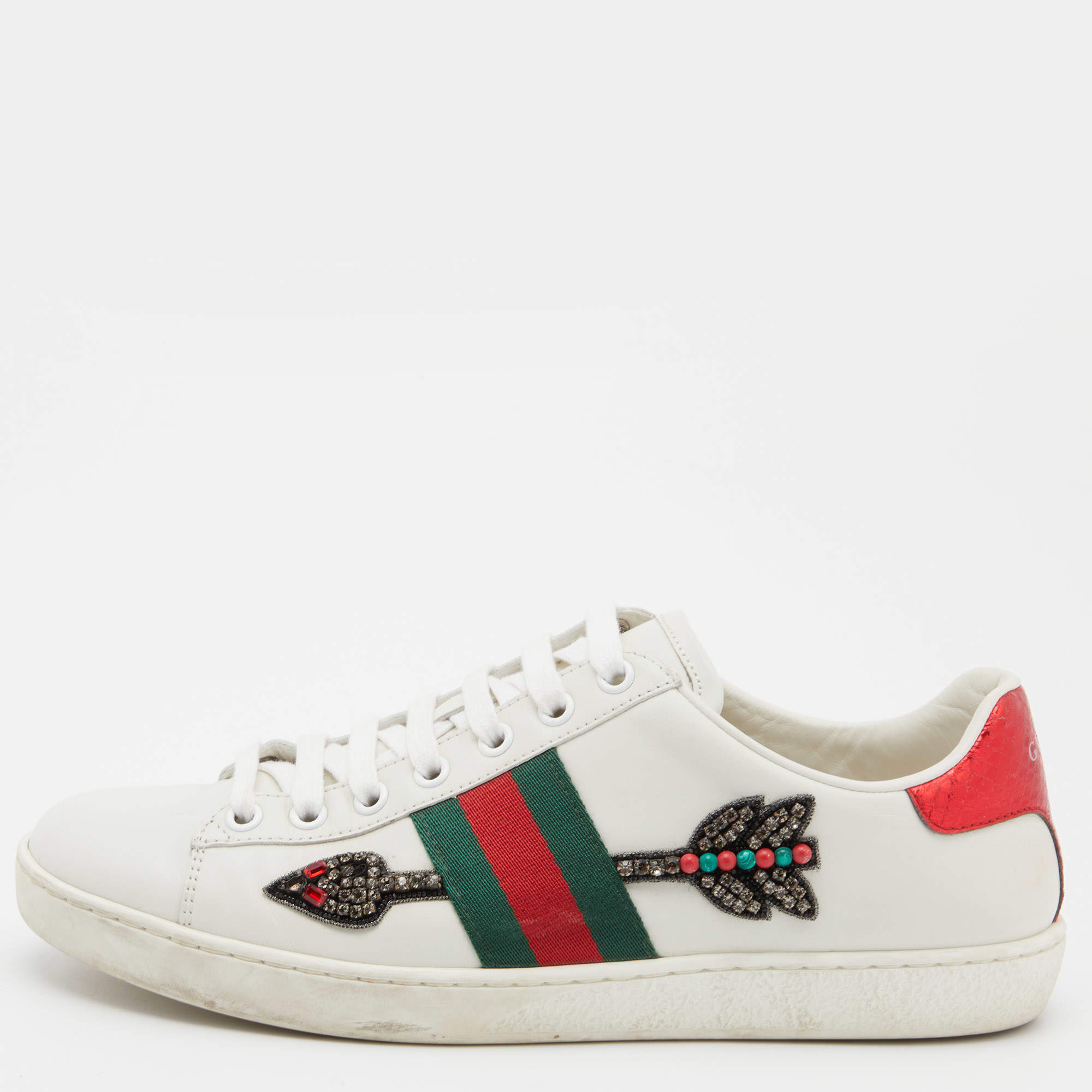 Pre Owned Gucci White Leather Arrow Embellished Ace Low Top Sneakers Size 37.5