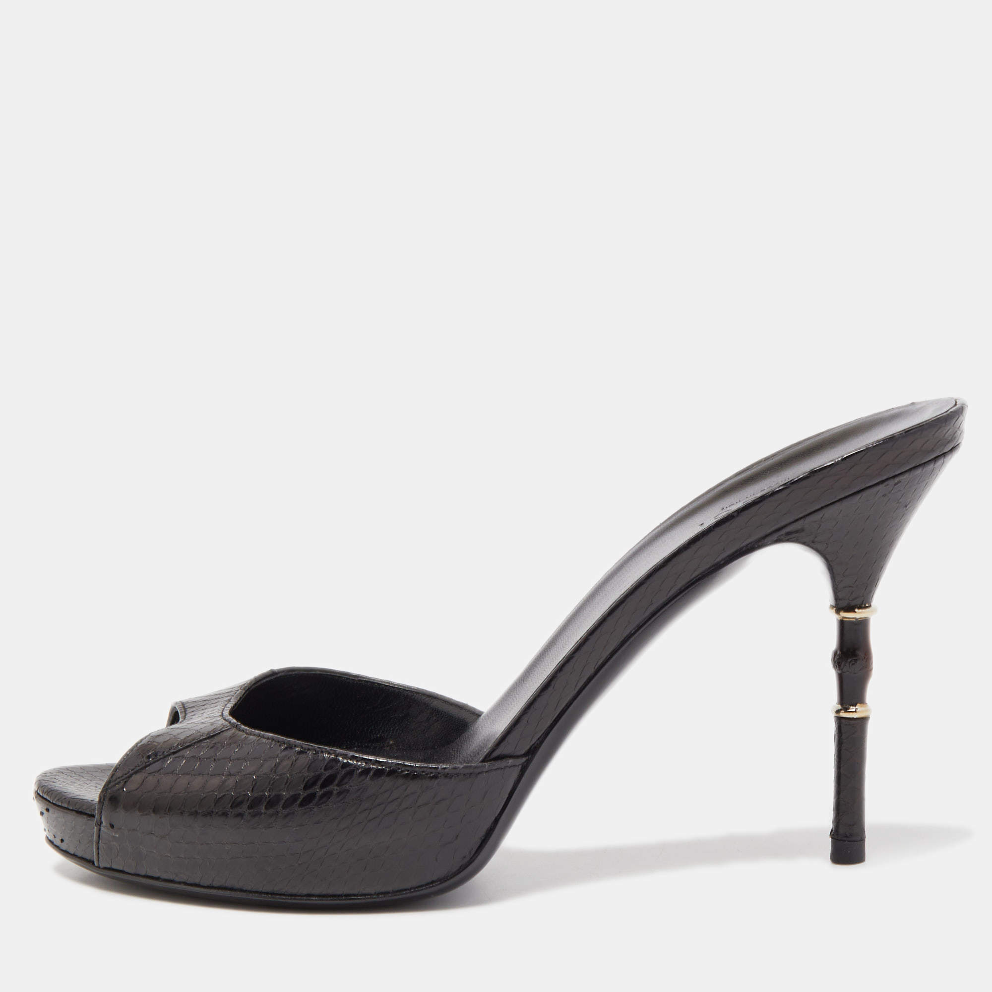 Gucci Black Python Bamboo Heel Slide Sandals Size 38.5