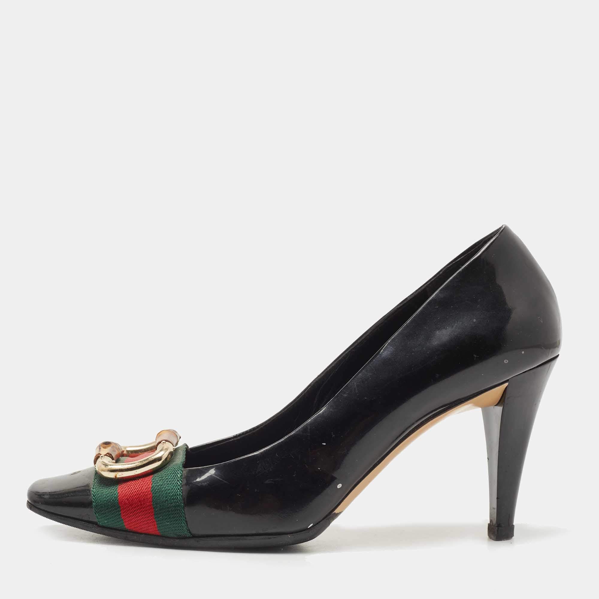 Gucci Black Patent Leather and Canvas Web Bamboo Buckle Pumps Size 36