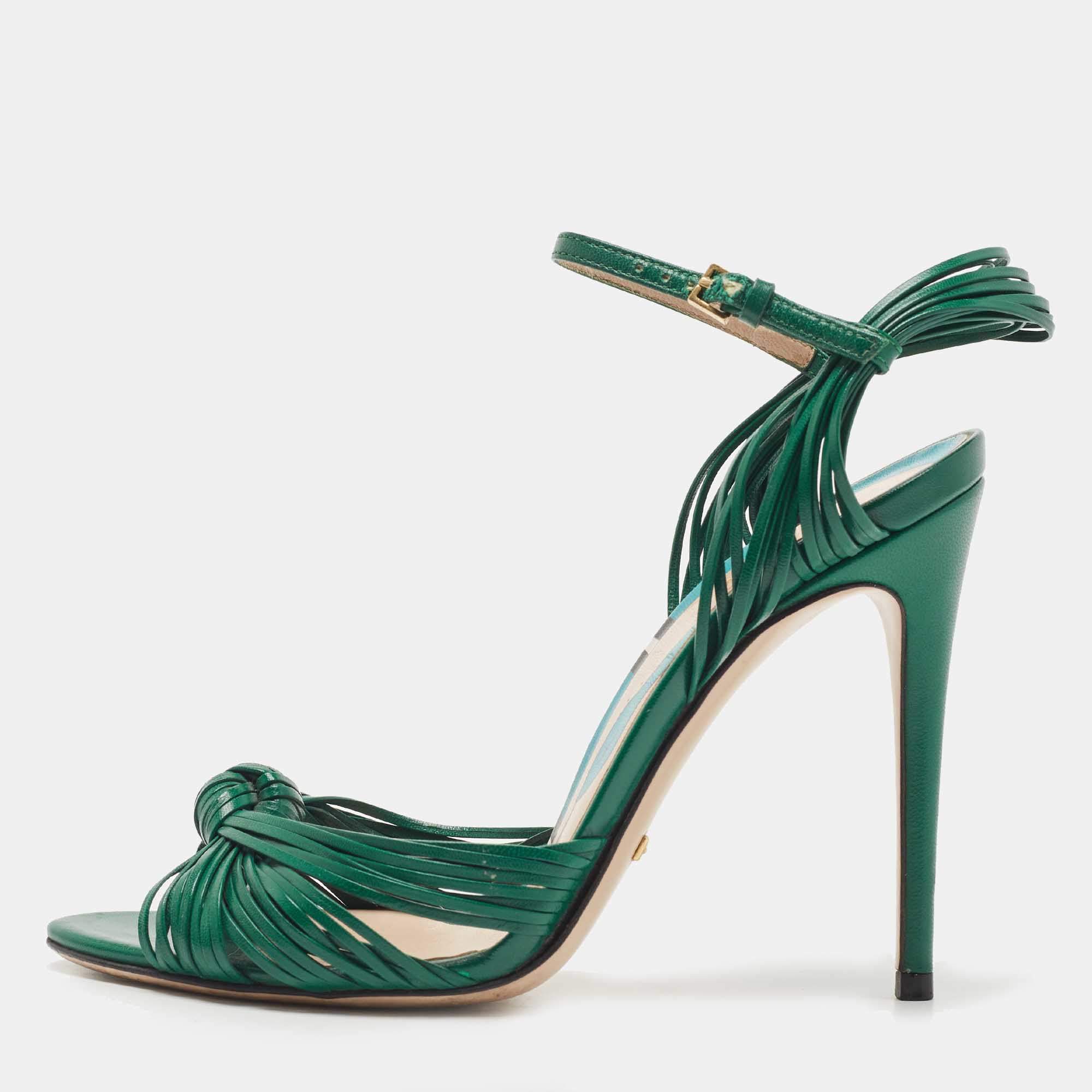 Gucci Green Leather Allie Knot Ankle Strap Sandals Size 36.5