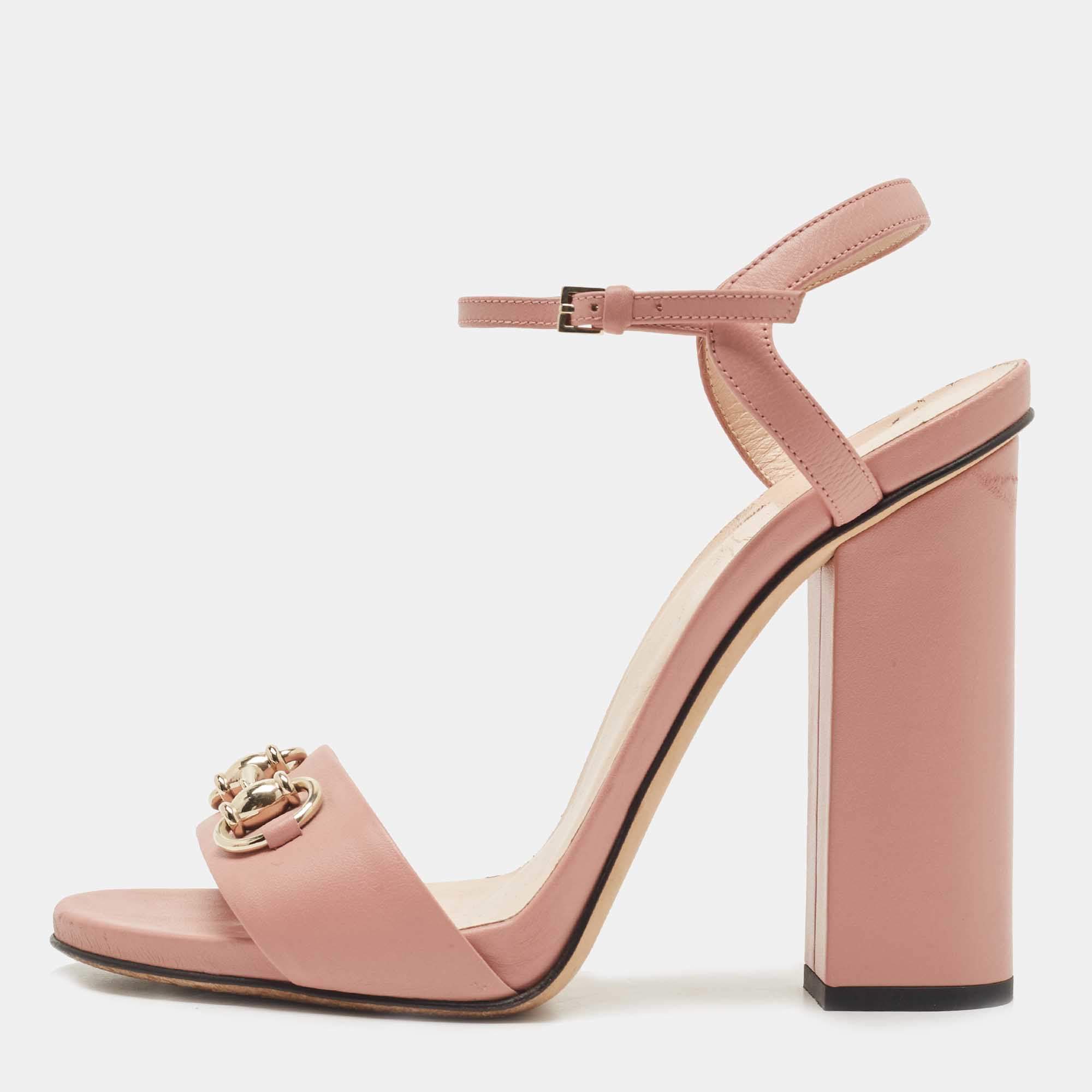 Gucci Pink Leather Horsebit Ankle Strap Sandals Size 38