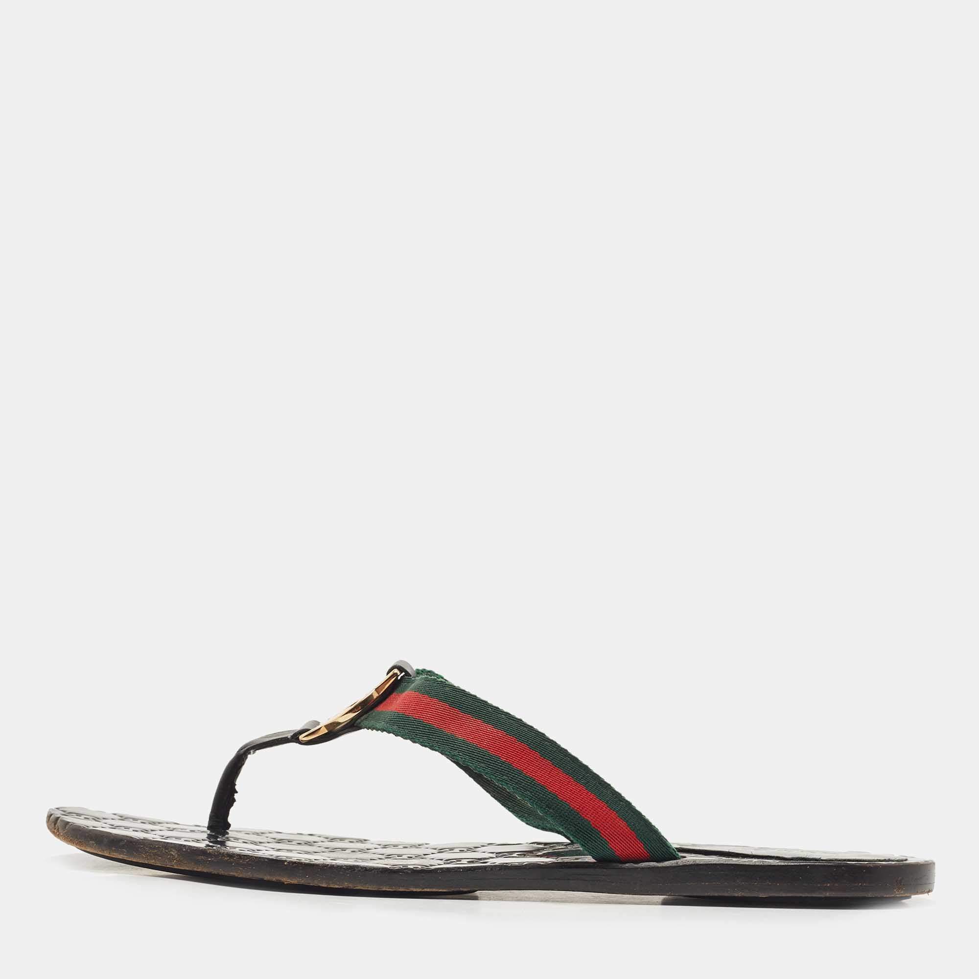 Pre Owned Gucci Tricolor Leather and Canvas Web Interlocking G Thong Flats Size 39.5