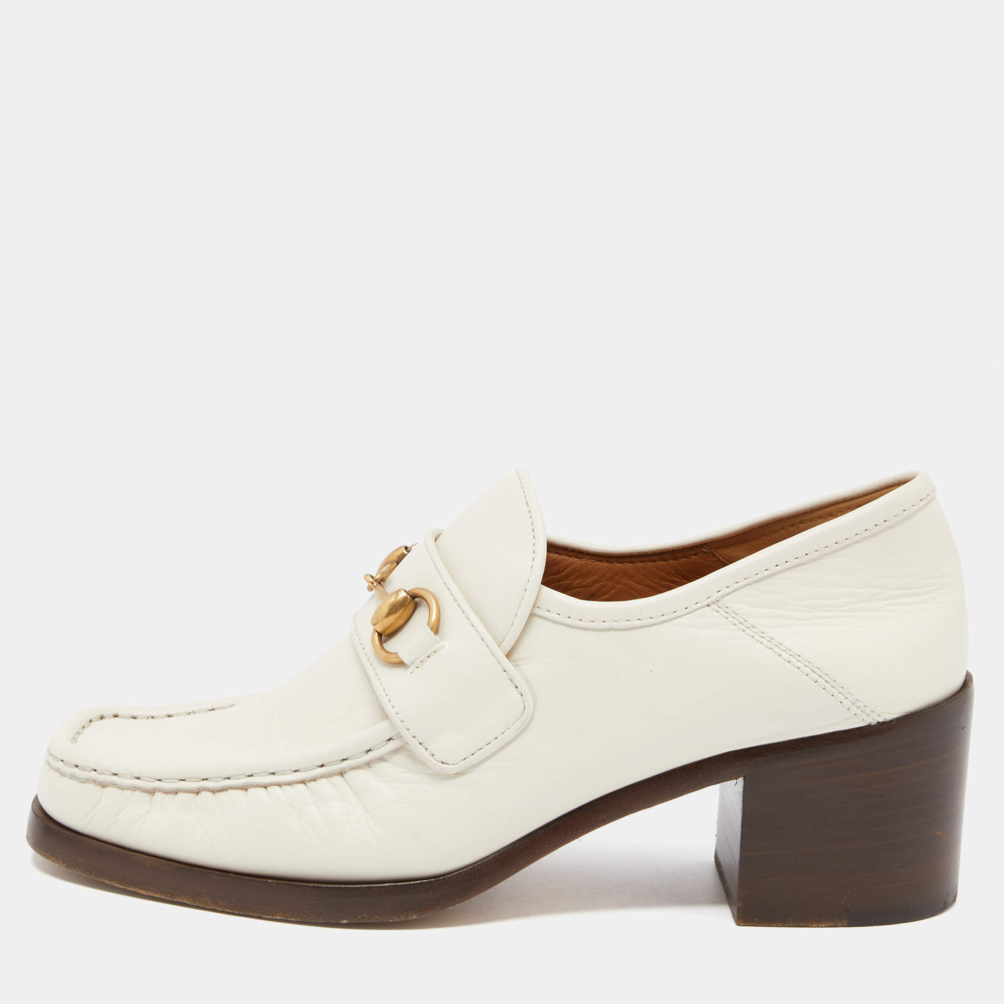 Pre Owned Gucci Off White Leather Horsebit Loafer Pumps Size 39.5