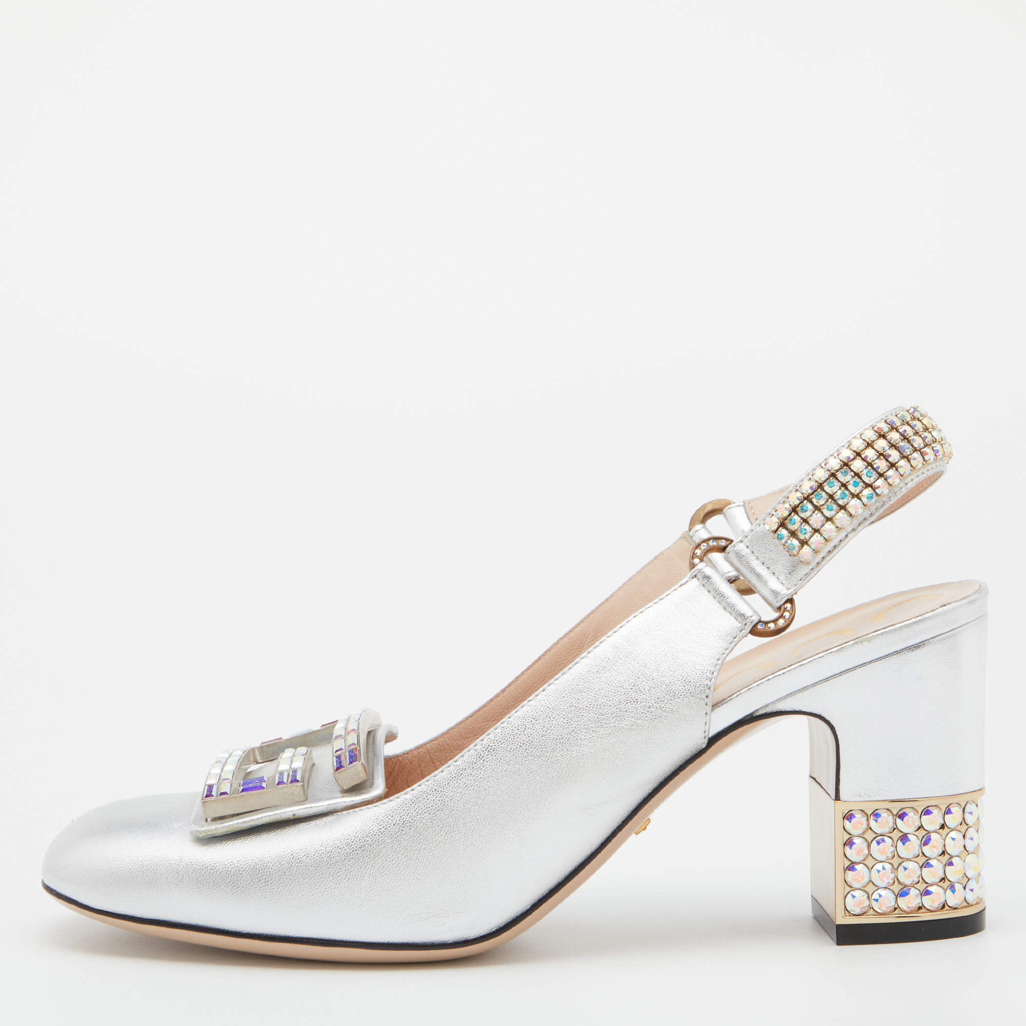 Gucci Silver Leather G Crystal Embellished Block Heel Sandals Size 40