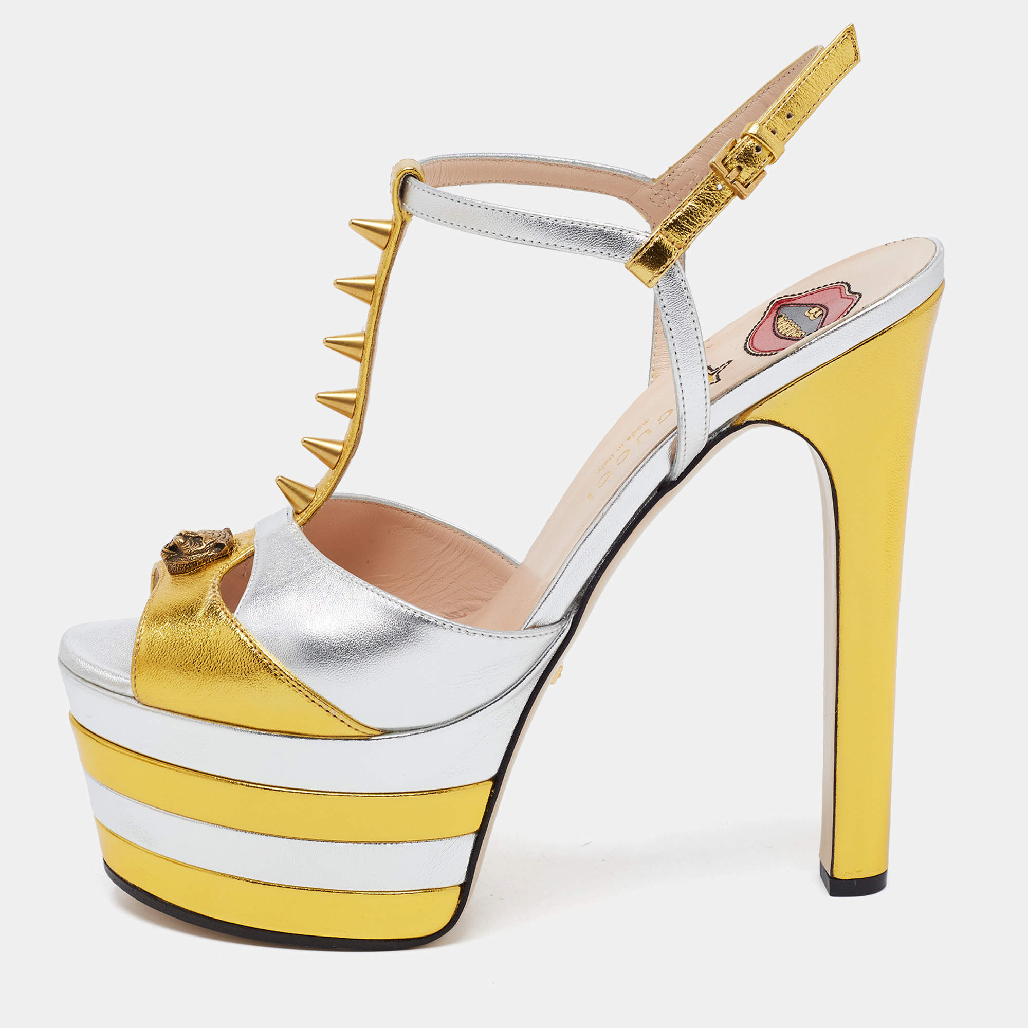 Pre Owned Gucci Gold/Silver Foil Leather Angel Tiger Embellished Platform Ankle Strap Sandals Size 40.5