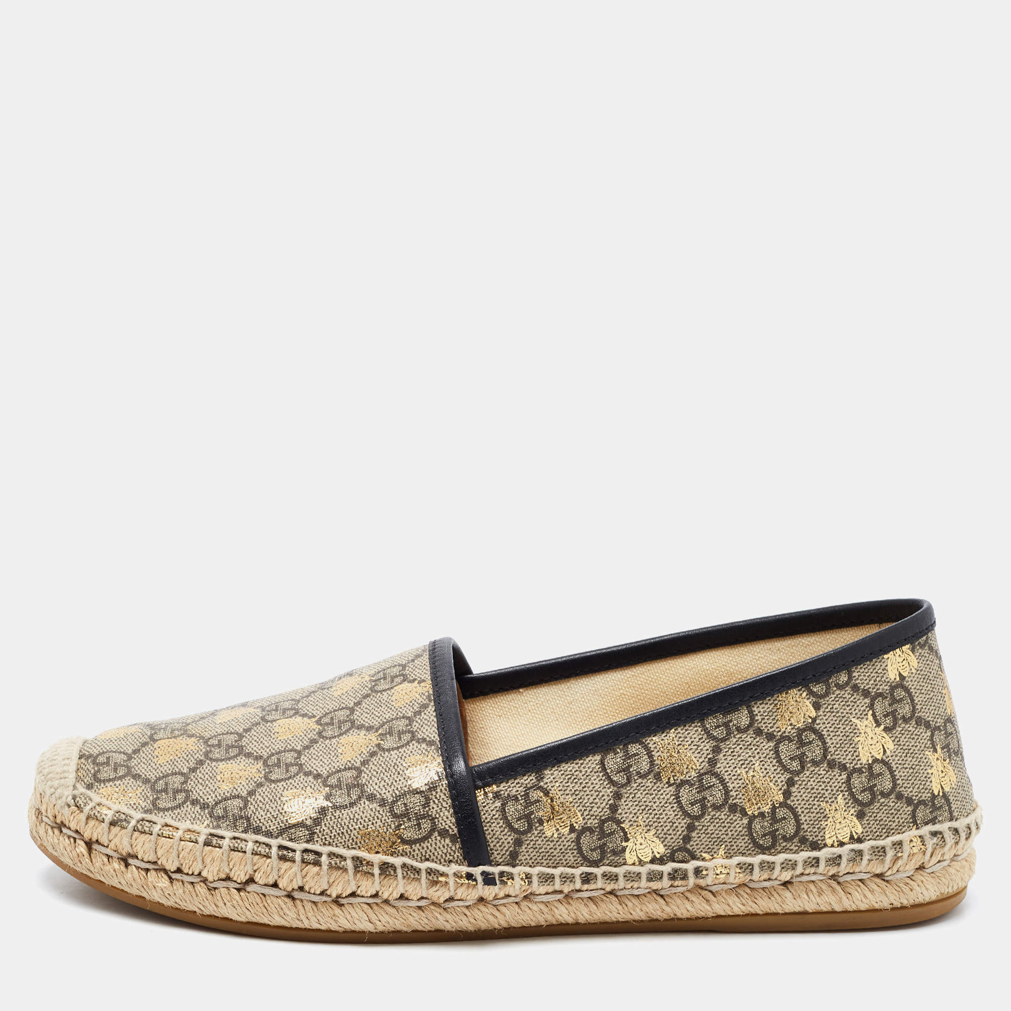 Gucci Beige/Black GG Coated Canvas and Leather Bee Espadrilles Flats Size 39.5