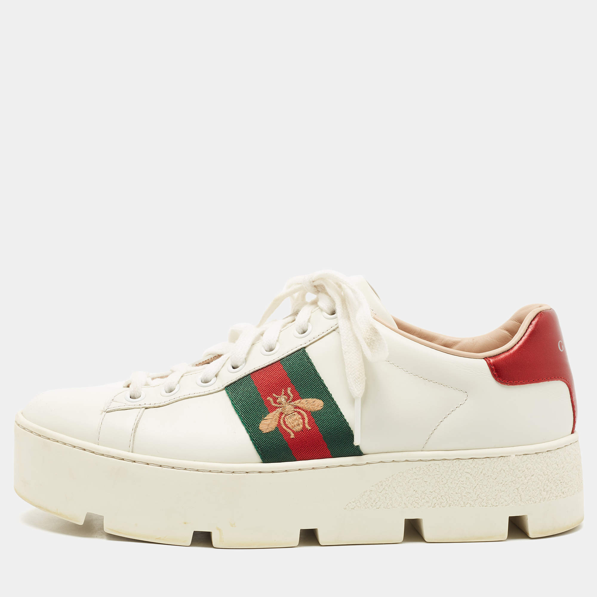 Pre Owned Gucci White Leather Bee Ace Platform Low Top Sneakers Size 37.5
