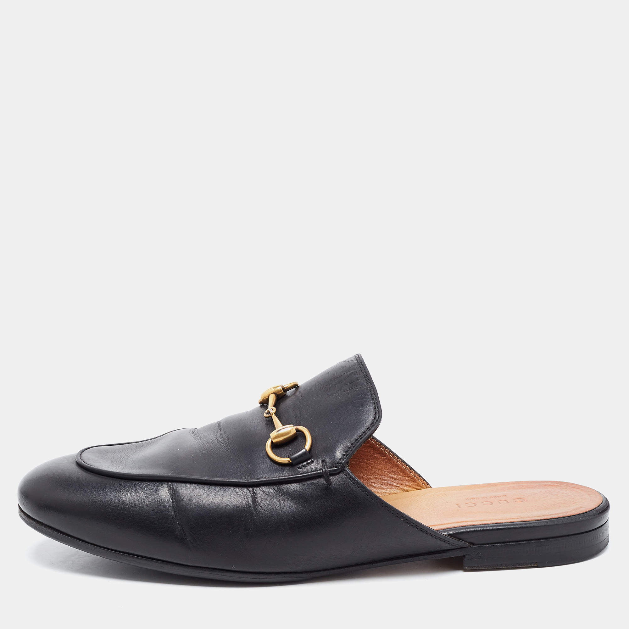 Pre Owned Gucci Black Leather Princetown Mules Size 37.5