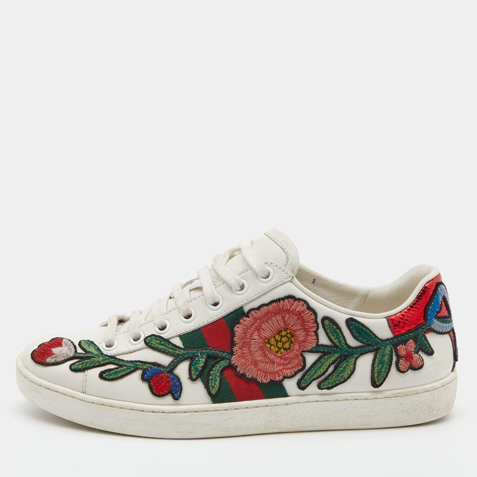 Gucci White Floral Embroidered Leather Ace Low Top Sneakers Size 37