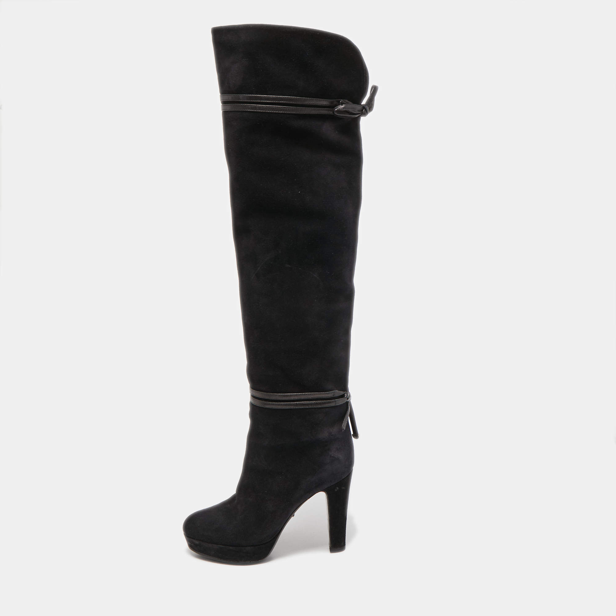 Pre Owned Gucci Black Suede and Leather Bow Over The Knee Boots Size 36.5