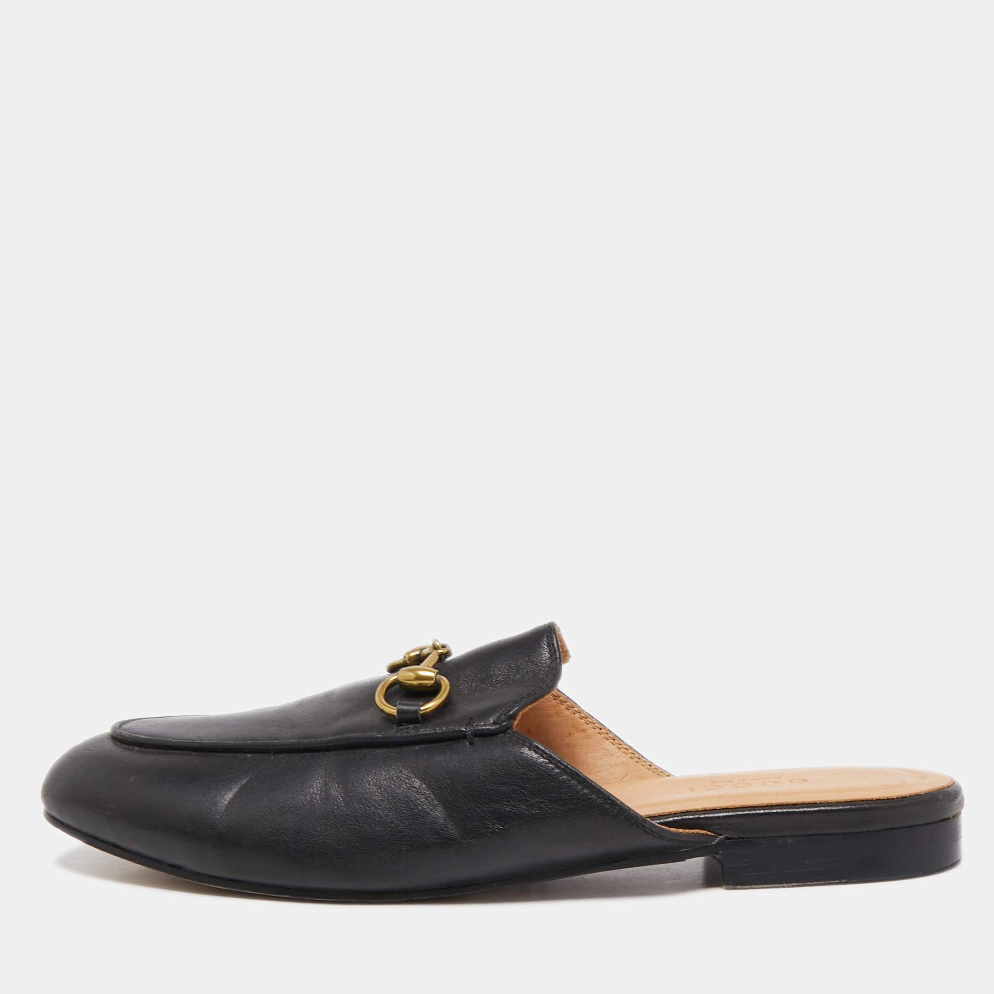 Pre Owned Gucci Black Leather Princetown Flat Mules Size 36.5