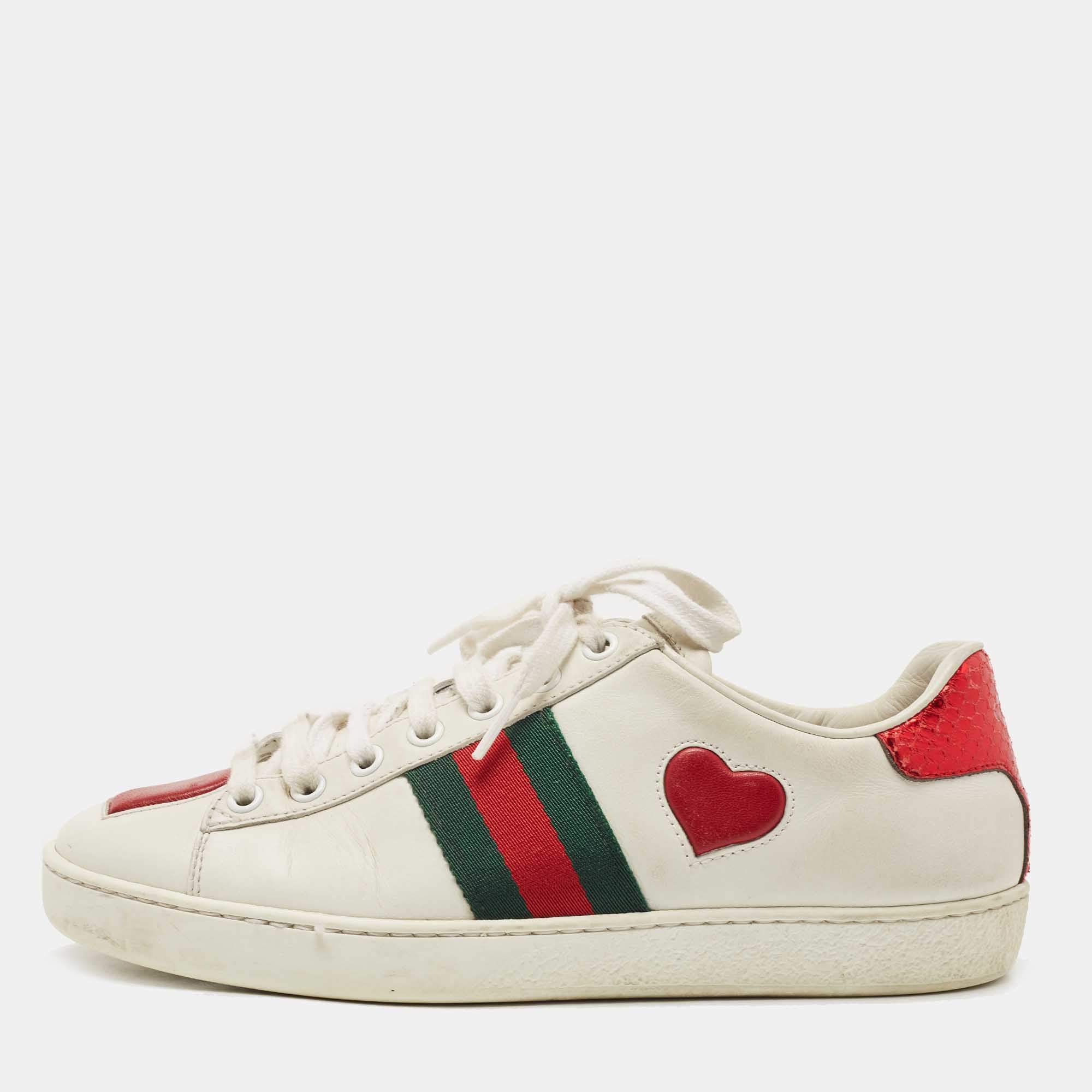 Pre Owned Gucci White Leather Heart Ace Low Top Sneakers Size 37