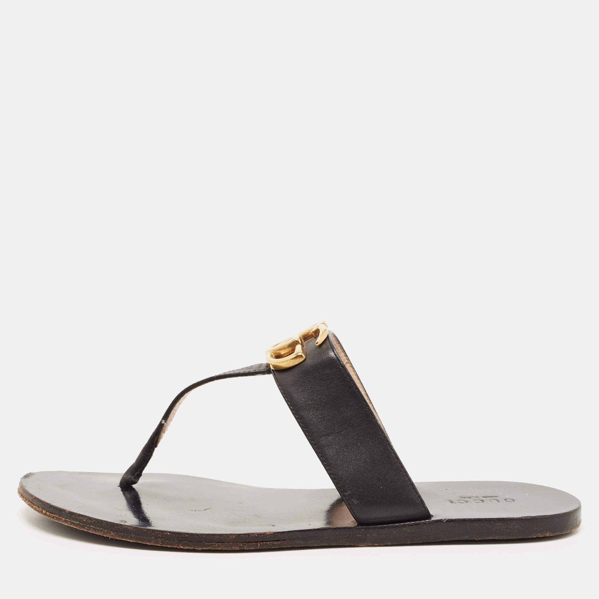 Pre Owned Gucci Black Leather GG Marmont Thong Flats Size 38