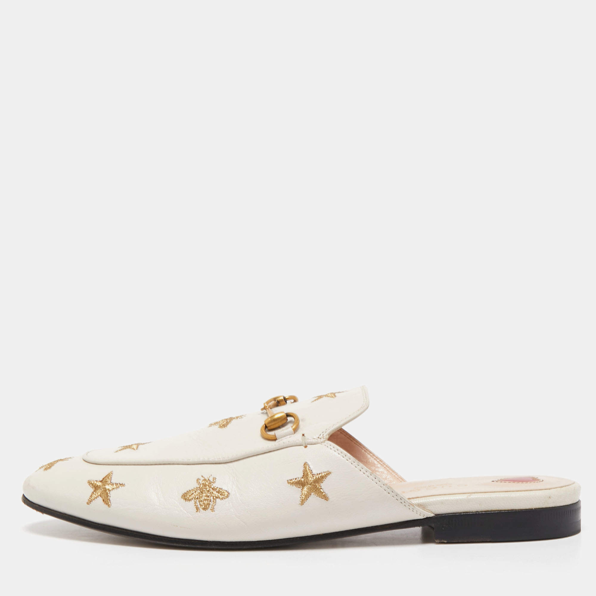 Pre Owned Gucci Cream Leather Bee and Star Embroidered Princetown Flat Mules Size 39.5