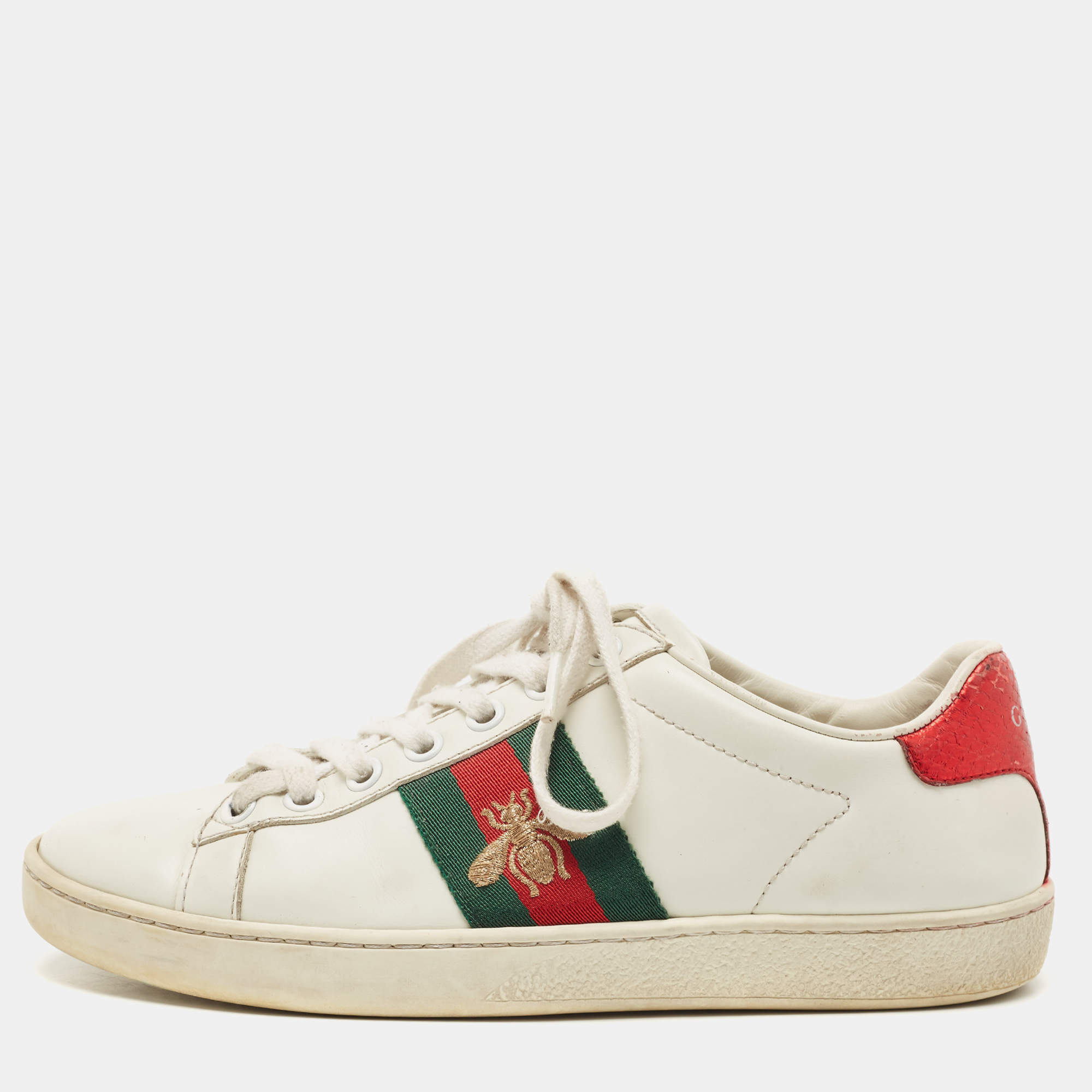 Gucci White Leather Web Detail Bee Embroidered Ace Low Top