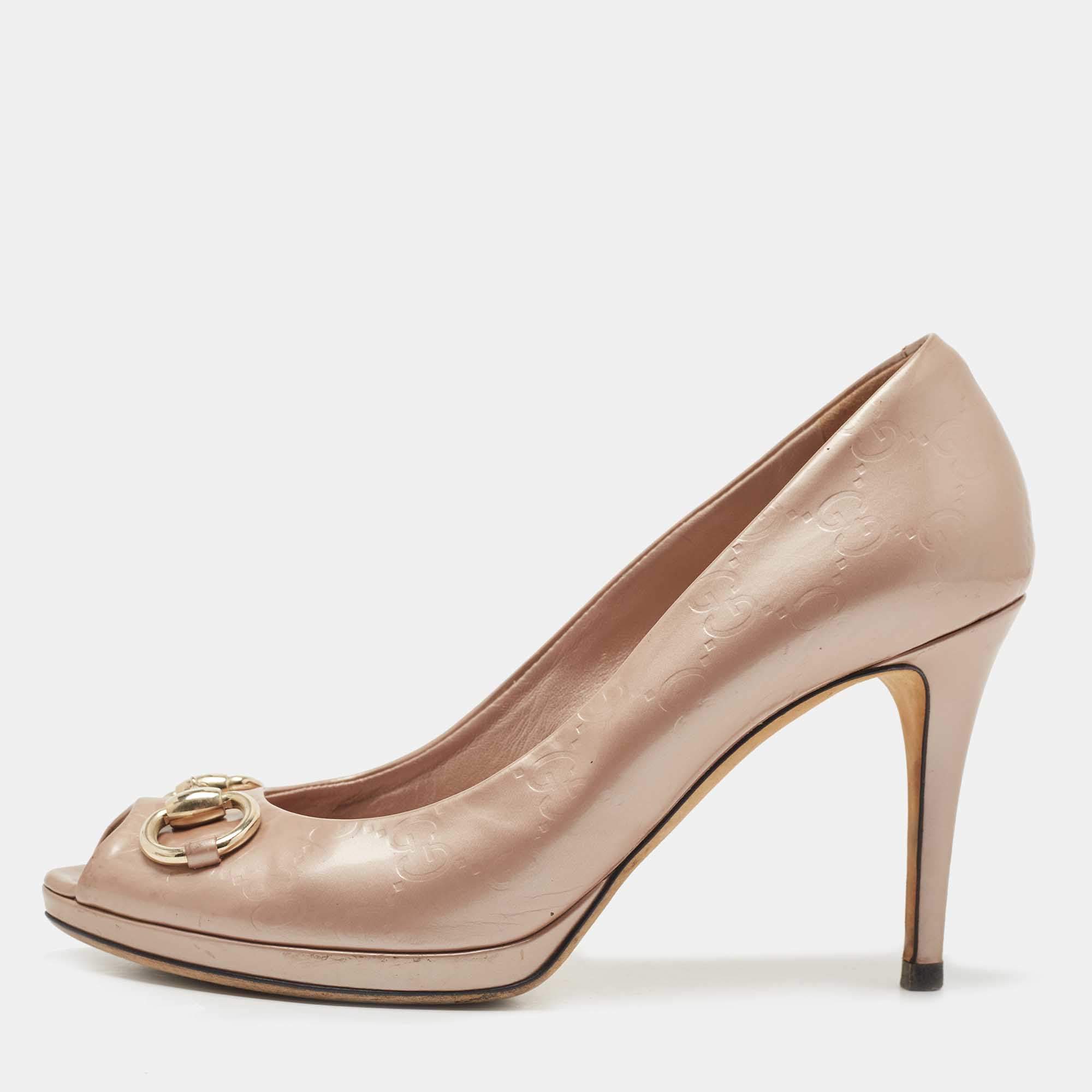 Pre Owned Gucci Beige Guccissima Patent Leather New Hollywood Horsebit Peep Toe Pumps Size 39