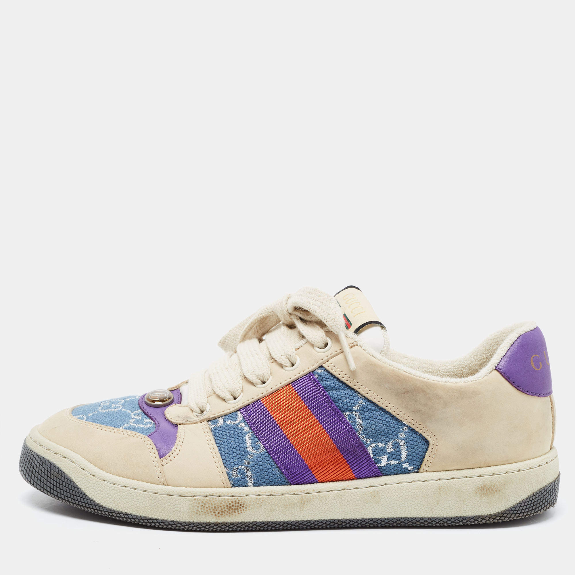 Gucci Multicolor Nubuck and Canvas Low Top Screener Sneakers Size 38.5