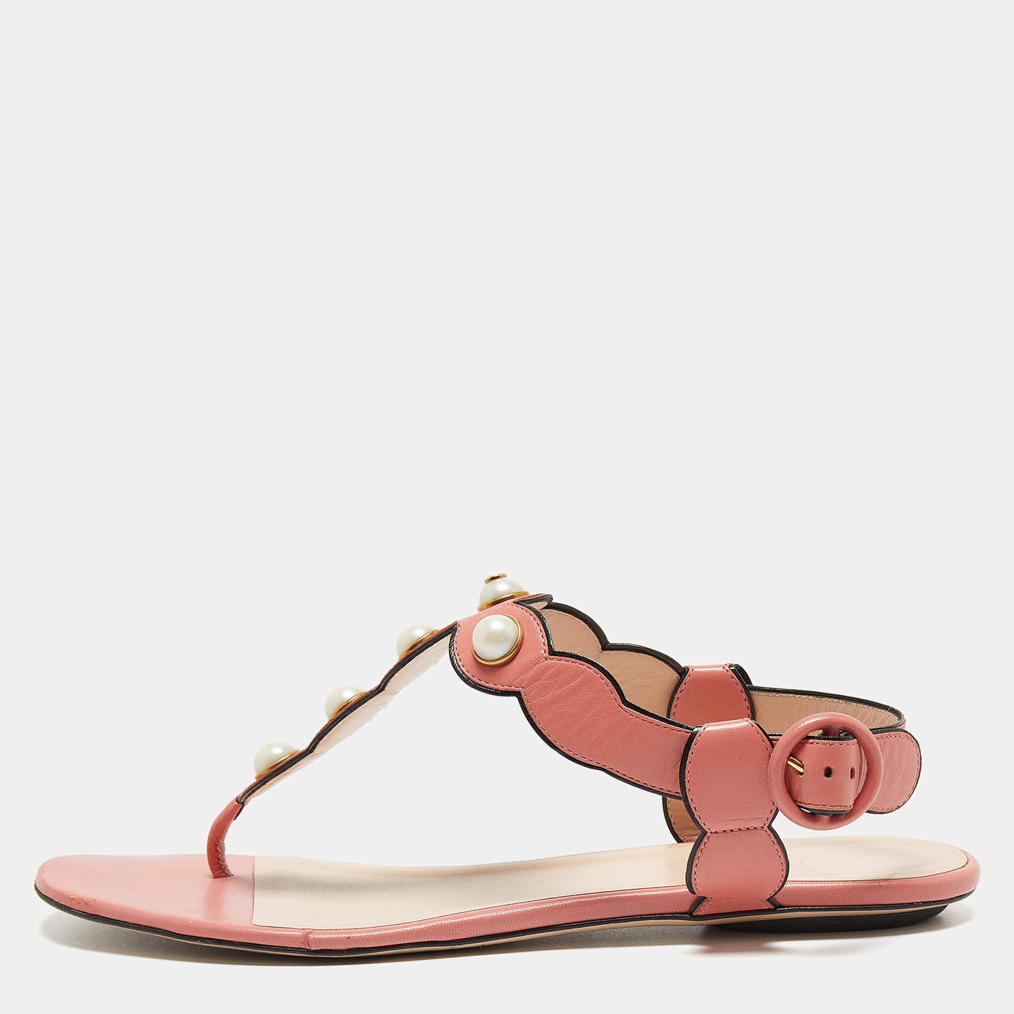 Gucci Pink Leather Pearl Embellished Willow Flat Sandals Size 39