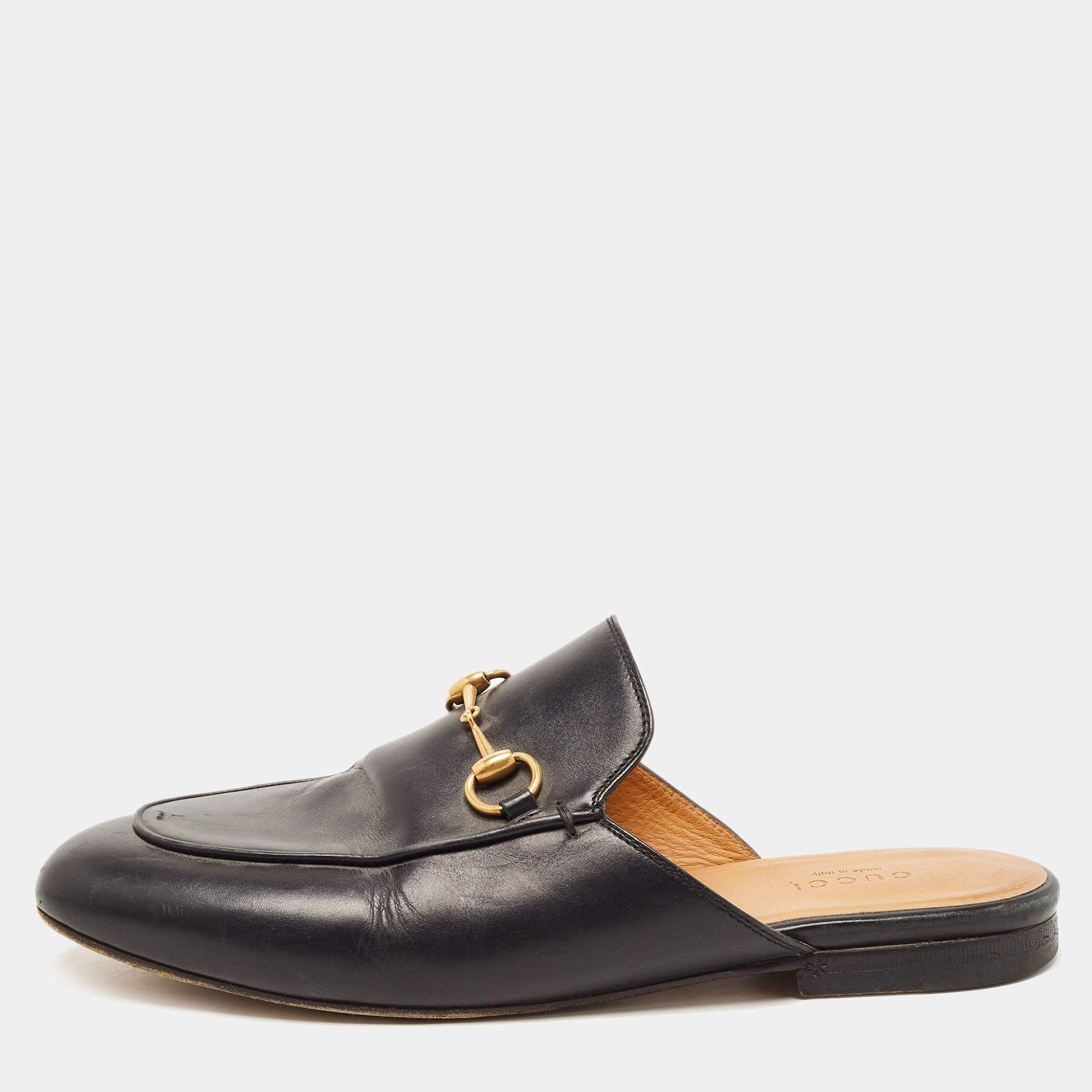 Pre Owned Gucci Black Leather Princetown Flat Mules Size 38.5