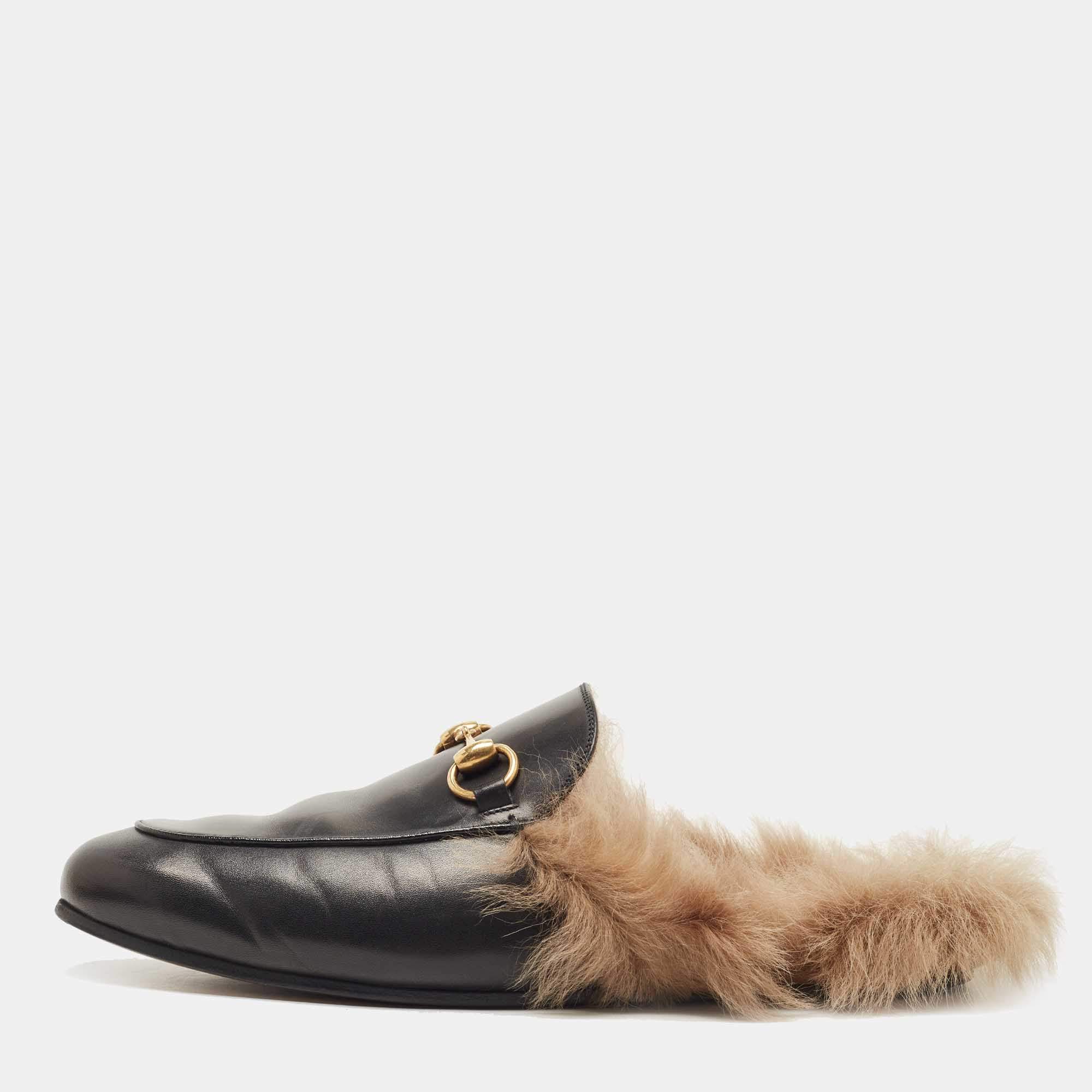 Pre Owned Gucci Black Leather And Fur Princetown Mules Size 40.5