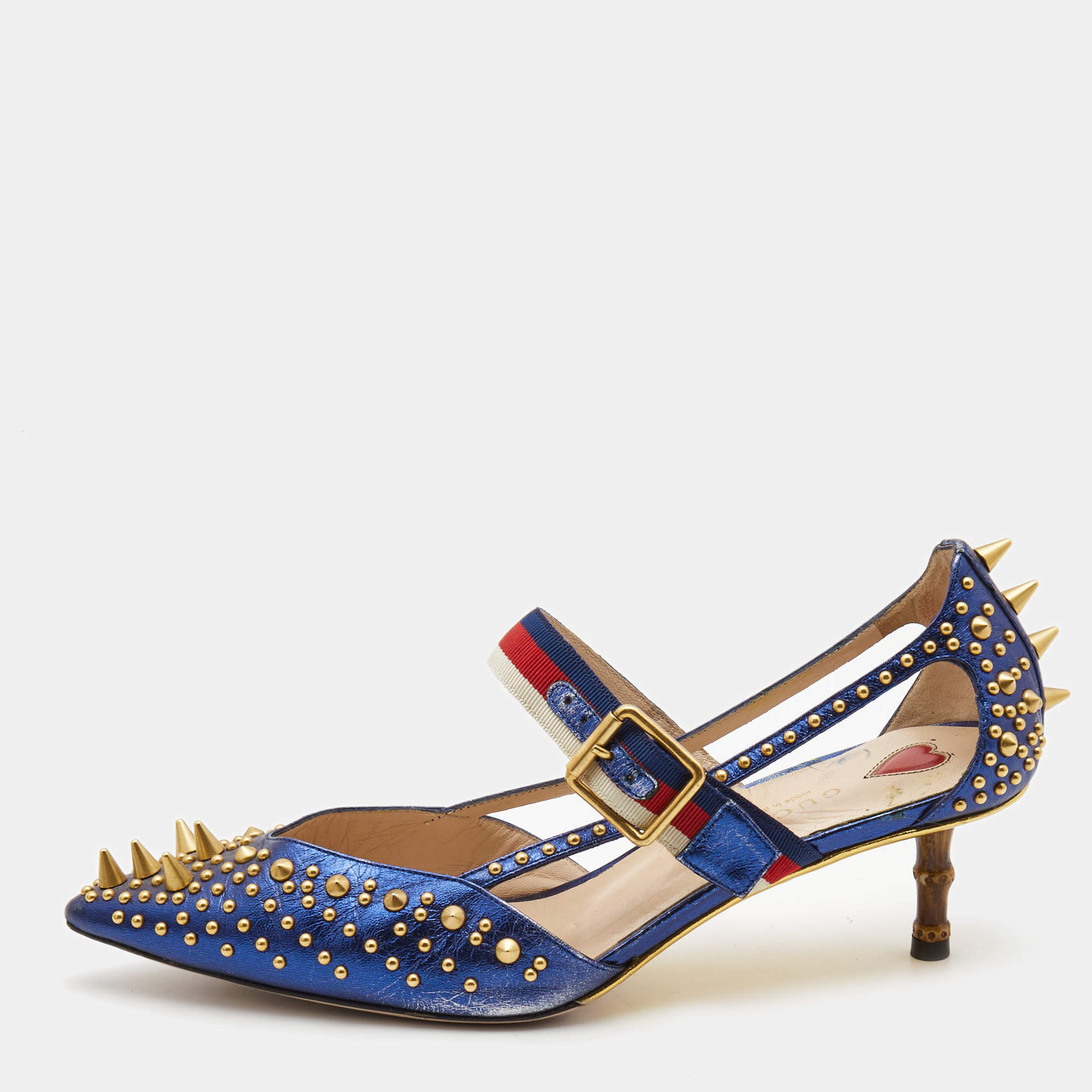 Pre Owned Gucci Metallic Blue Leather Unia Studded Pointed Toe Pumps Size 37.5