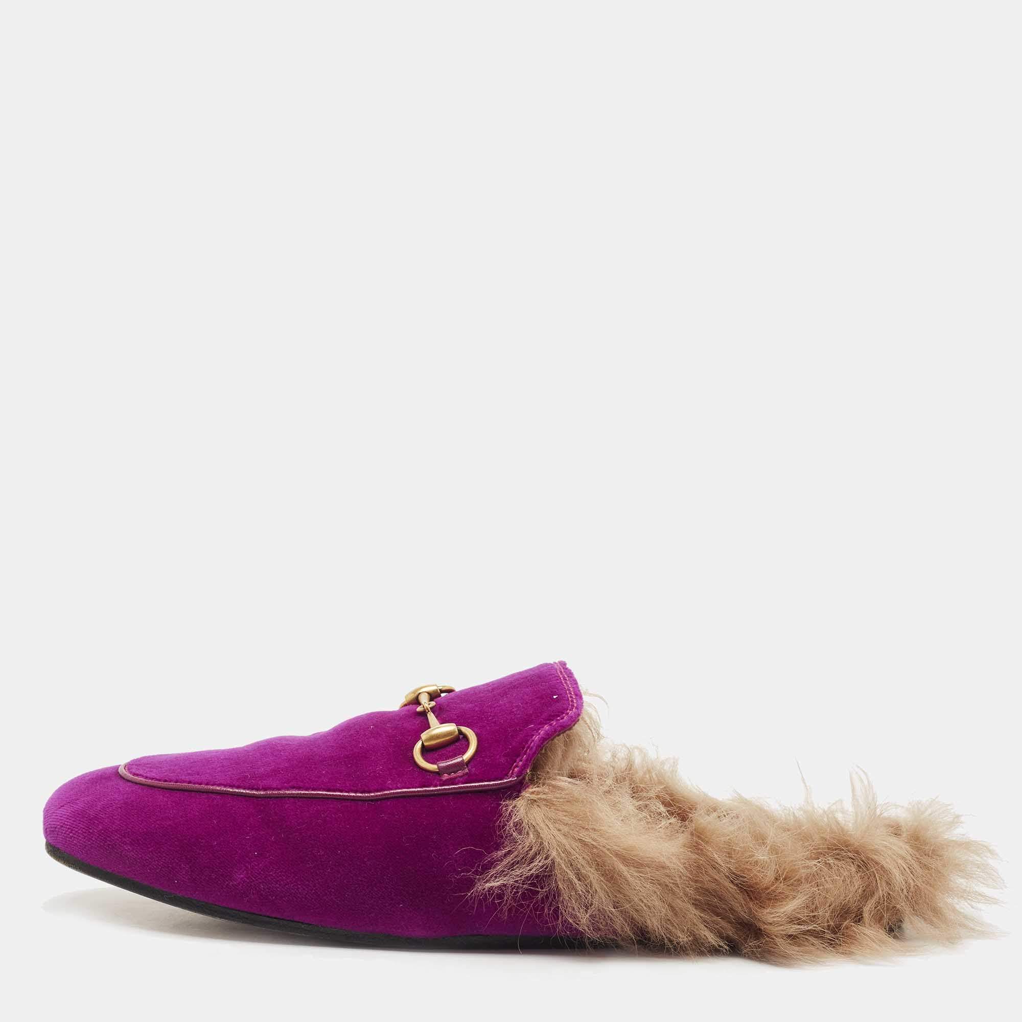 Pre Owned Gucci Purple Velvet Princetown Flat Mules Size 38