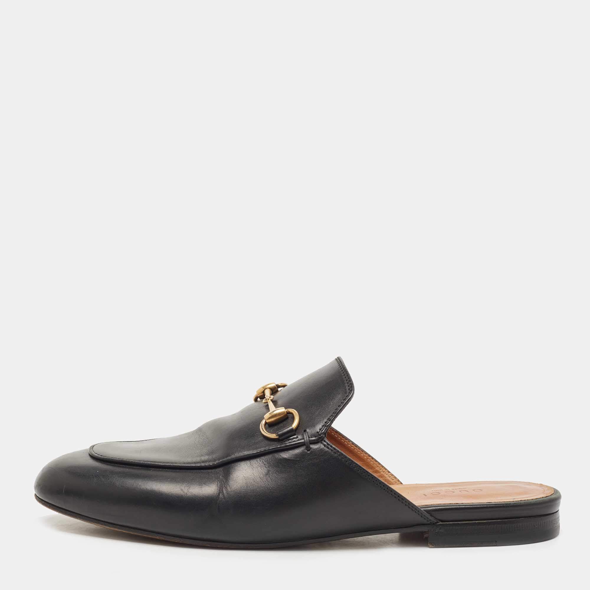 Pre Owned Gucci Black Leather Princetown Flat Mules Size 38