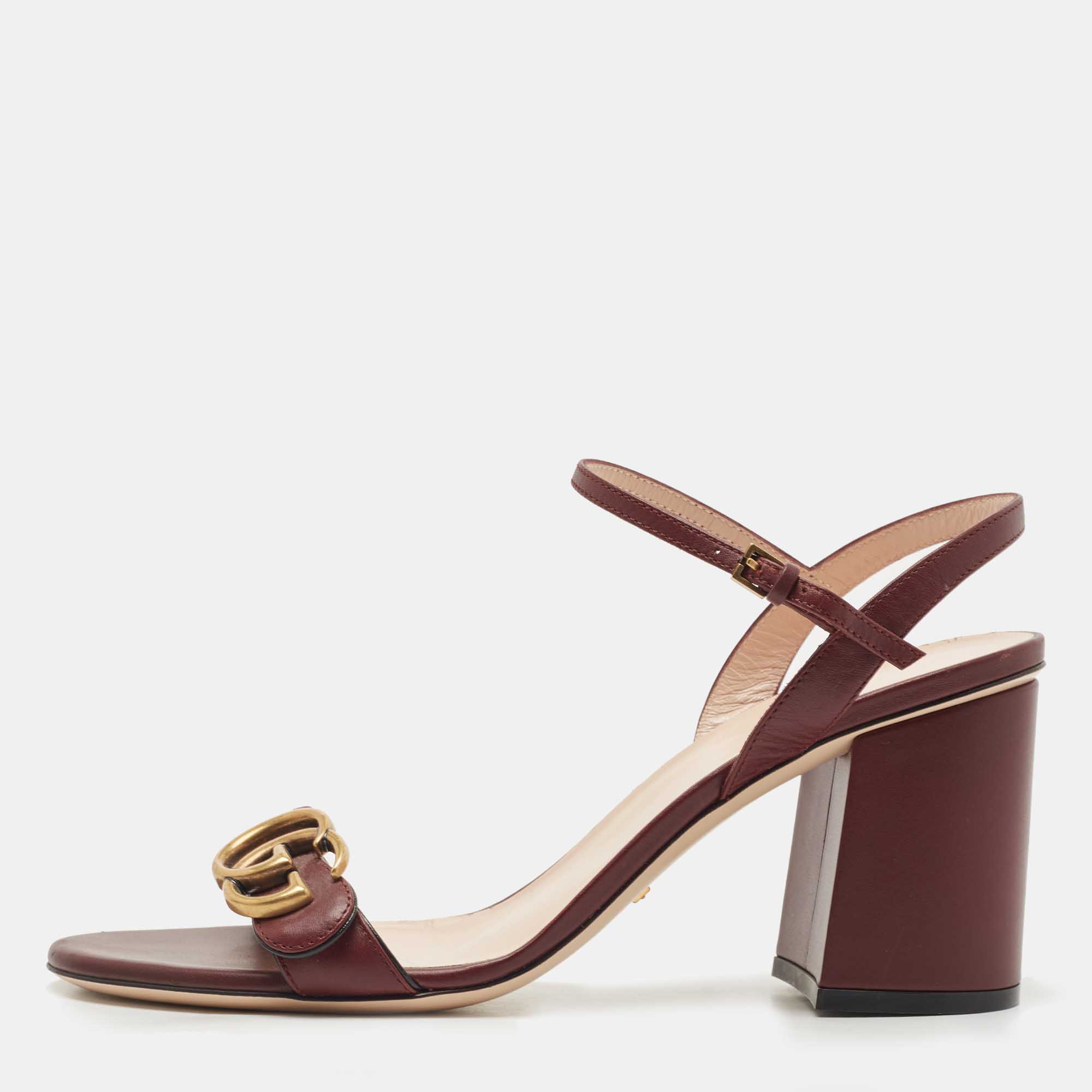 Gucci Burgundy Leather GG Marmont Block Heel Ankle Strap Sandals Size 40