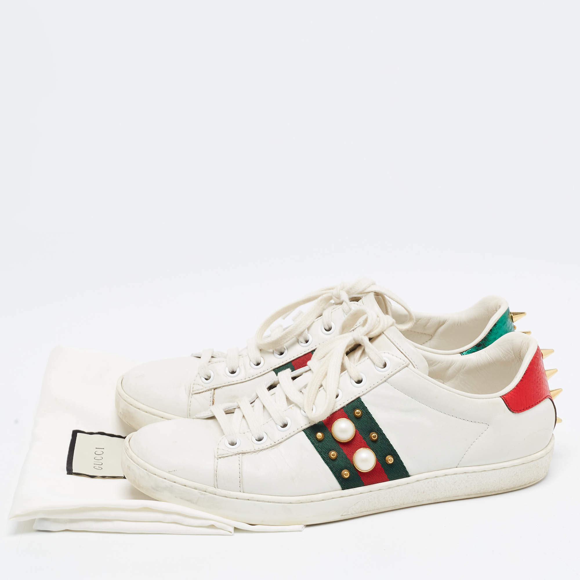 White Leather Faux and Embellished Ace Sneakers Size 38.5 | TLC