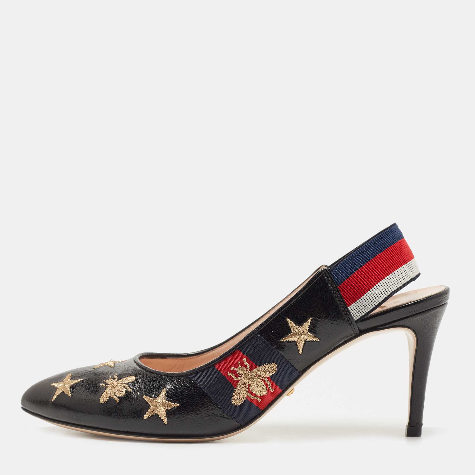 GUCCI Sylvie Web Slingback ブラック レザーパンプス関税送料込 Gucci Black Leather Vintage Web Sylvie Slingback Pumps Size