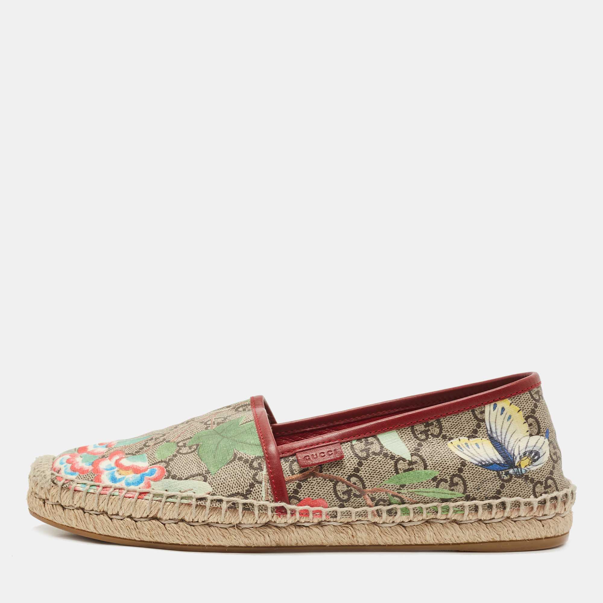 Gucci Beige Flora Print Coated Canvas and Leather Slip On Espadrilles Size 39