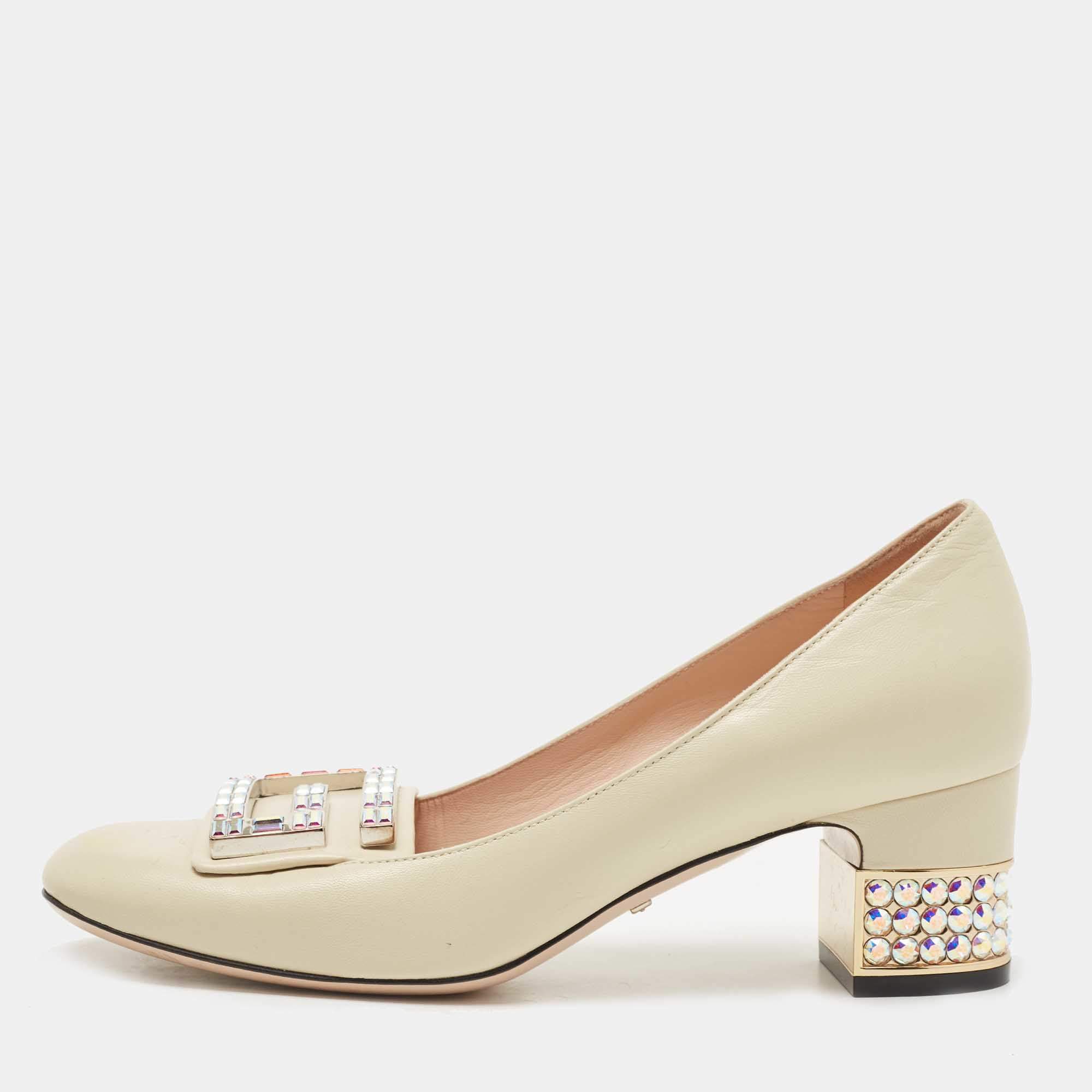 Pre Owned Gucci Cream Leather Crystal G Pumps Size 36