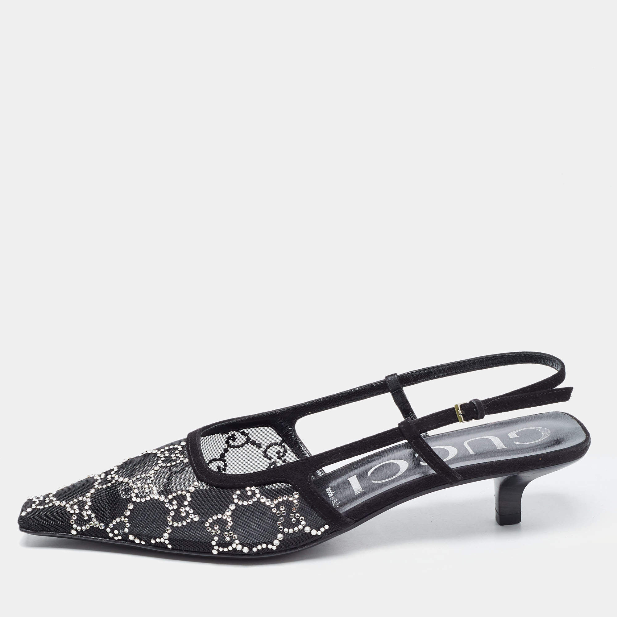 Pre Owned Gucci  Black Mesh And Suede GG Logo Accents Slingback Pumps Size 39