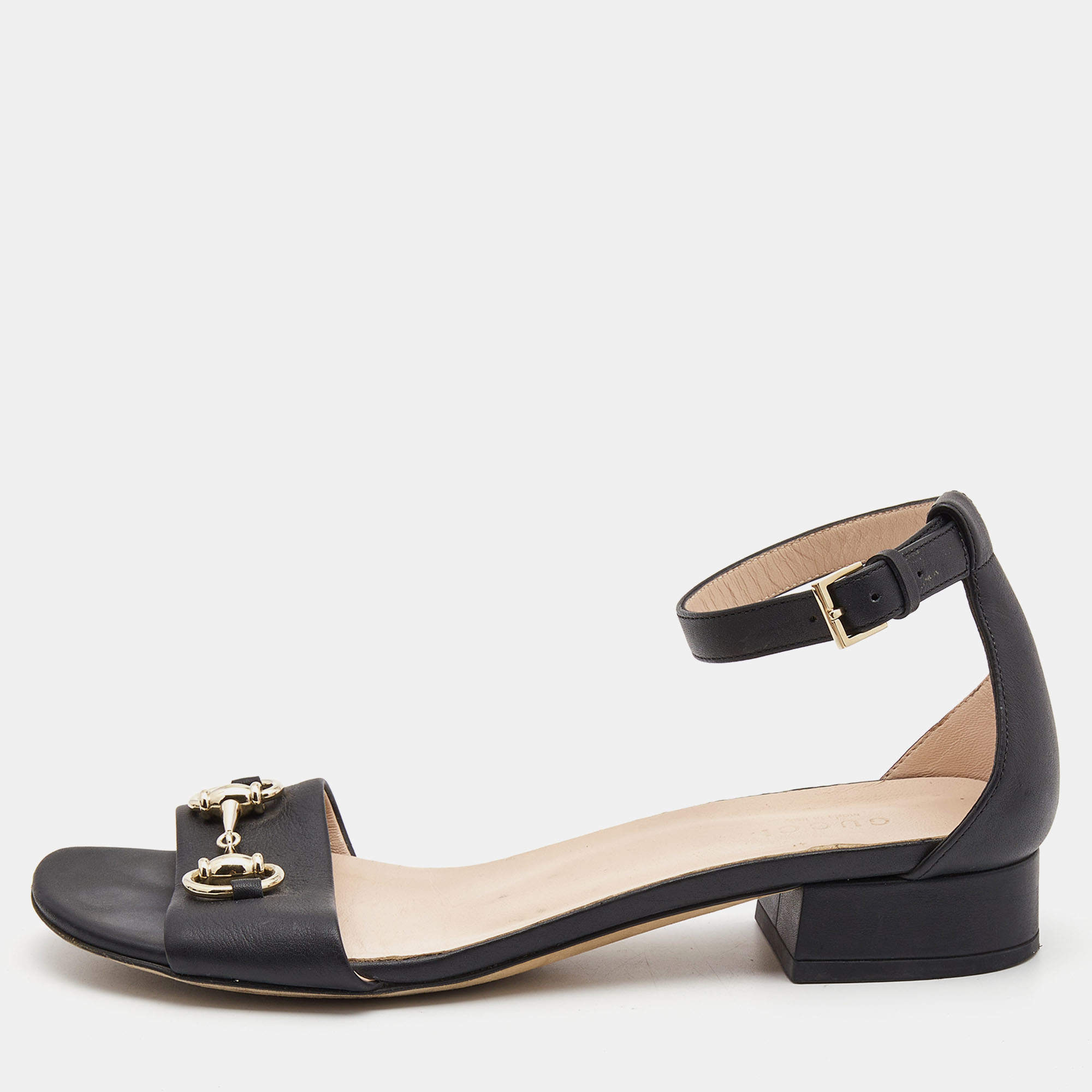 Gucci Black Leather Horsebit Ankle Strap Sandals Size 37