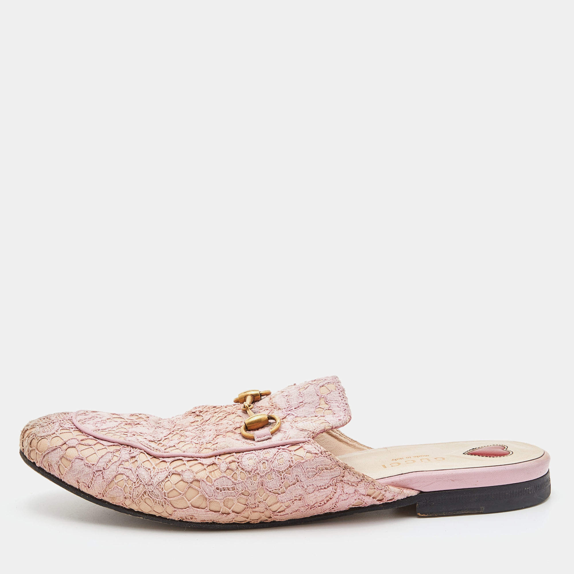 Pre Owned Gucci Pink Floral Lace and Leather Princetown Flat Mule Size 37.5
