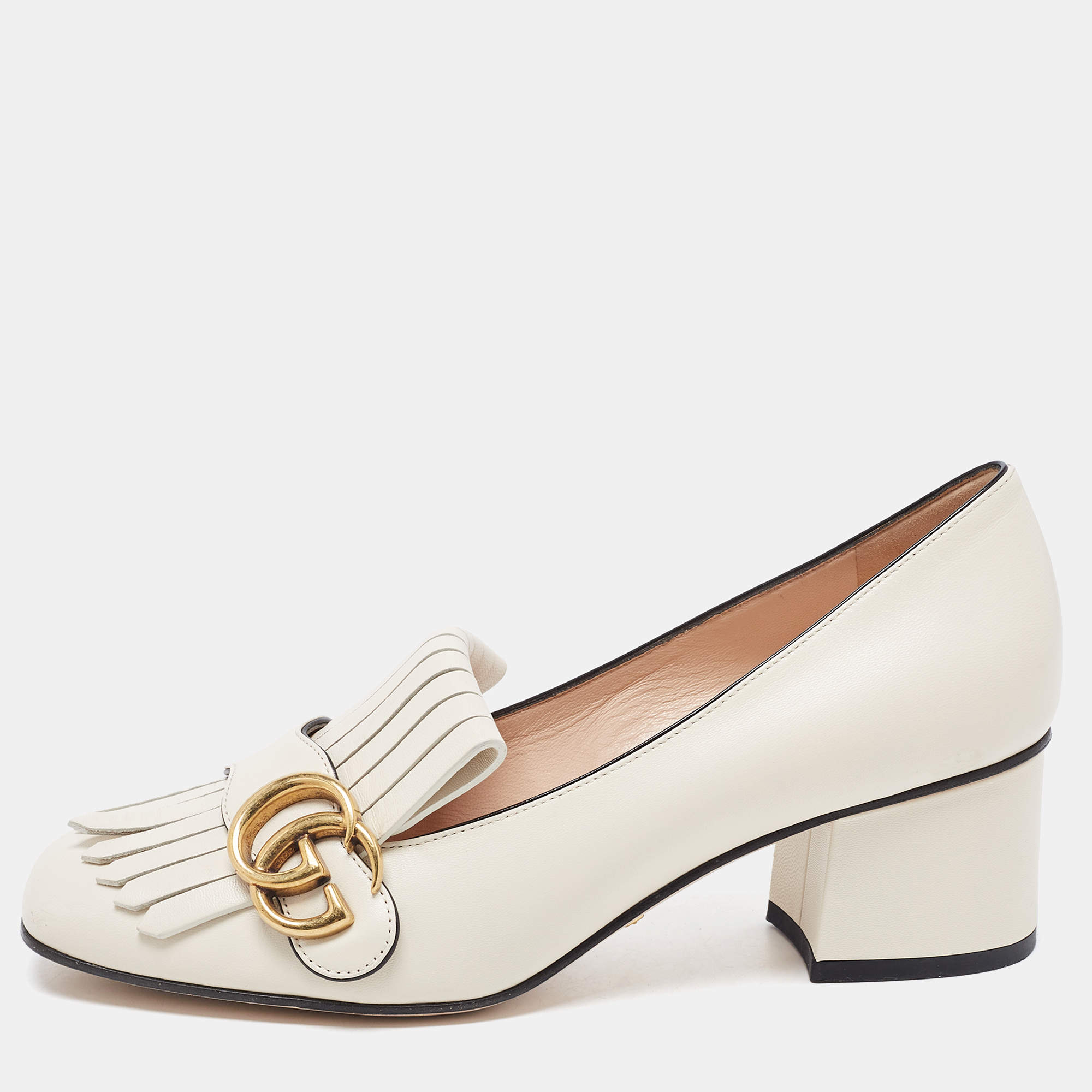 مملوكة مسبقًا Gucci Cream Leather Double G Block Heel Pumps Size 37