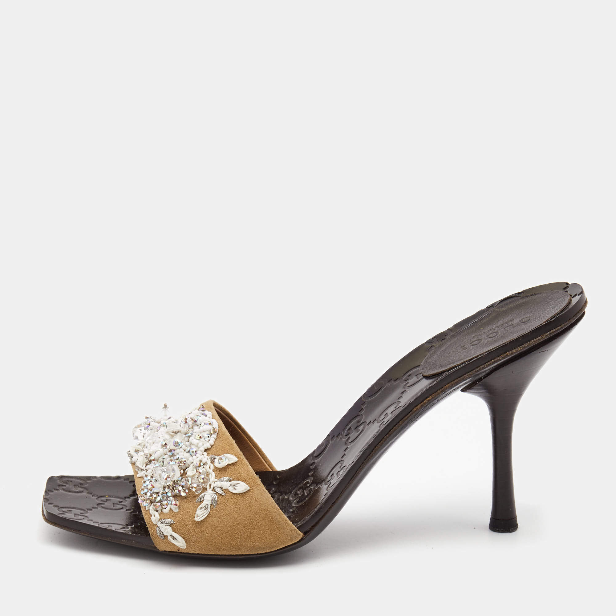 مملوكة مسبقًا Gucci Brown Fabric Embellished Slide Sandals Size 38