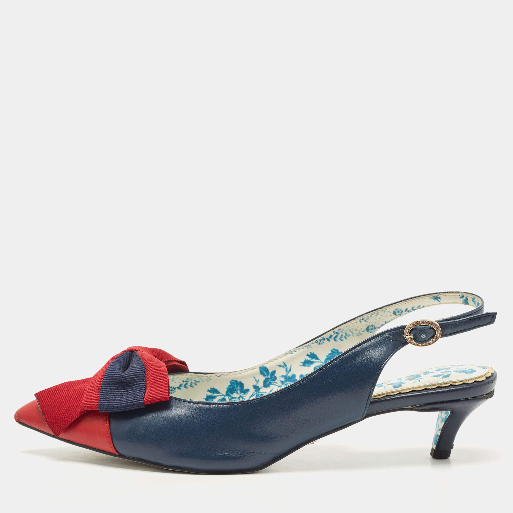 Pre Owned Gucci Navy Blue/Red Leather Jane Bow Slingback Pumps Size 40