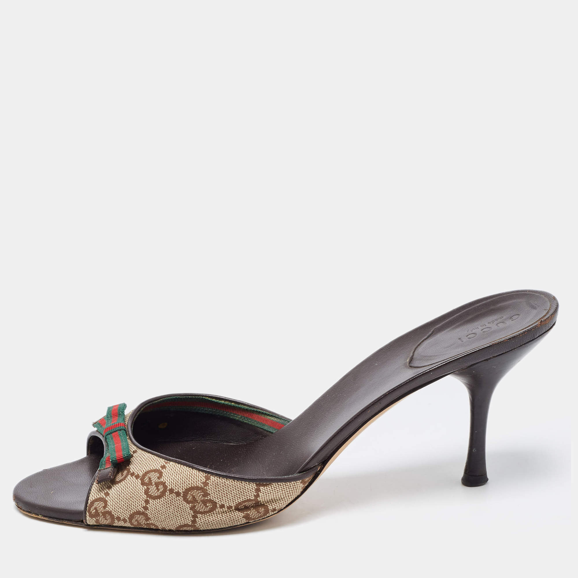 Gucci Beige/Brown GG Canvas Web Bow Slide Sandals Size 40.5