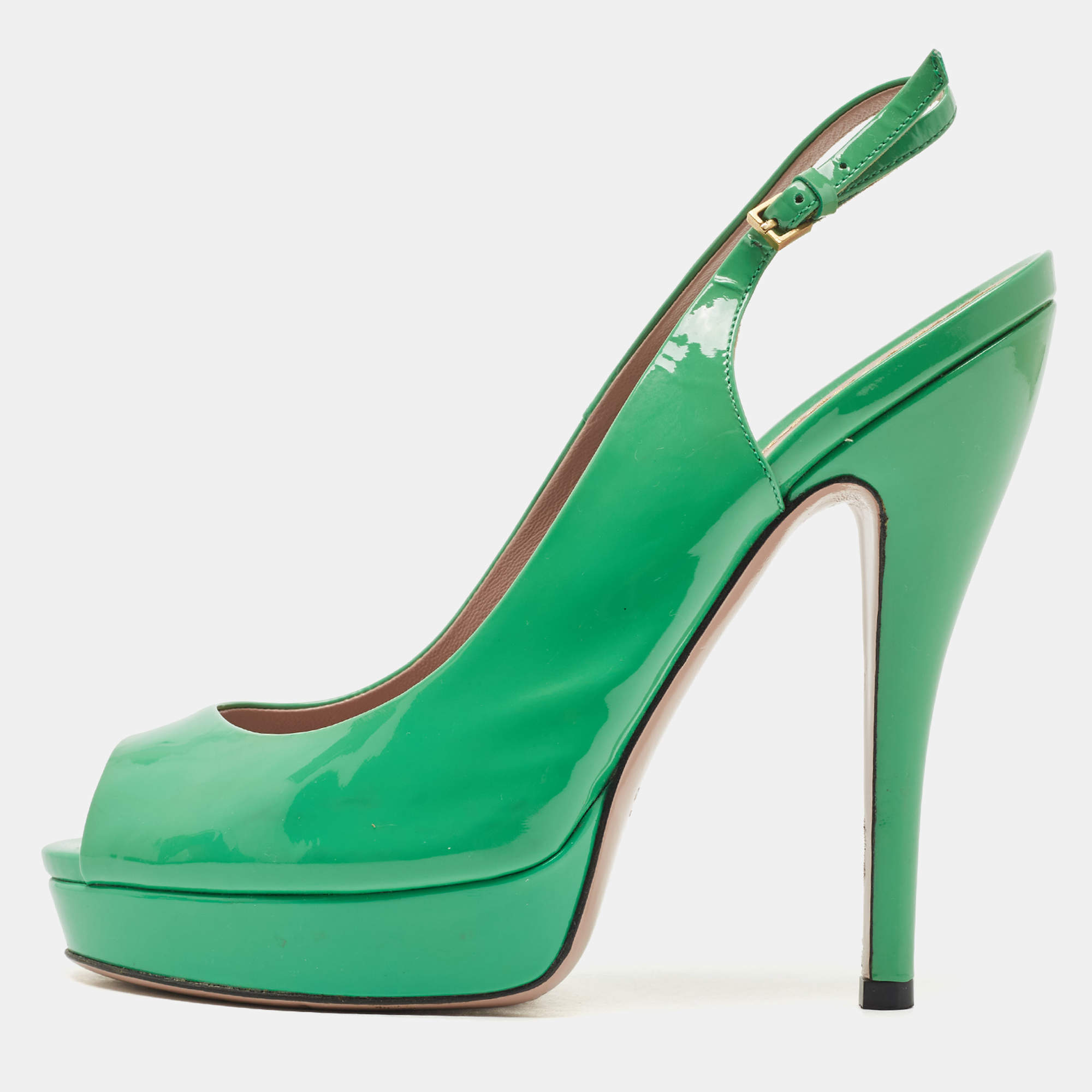 Pre Owned Gucci Green Patent Leather Peep Toe Platform Slingback Pumps Size 38