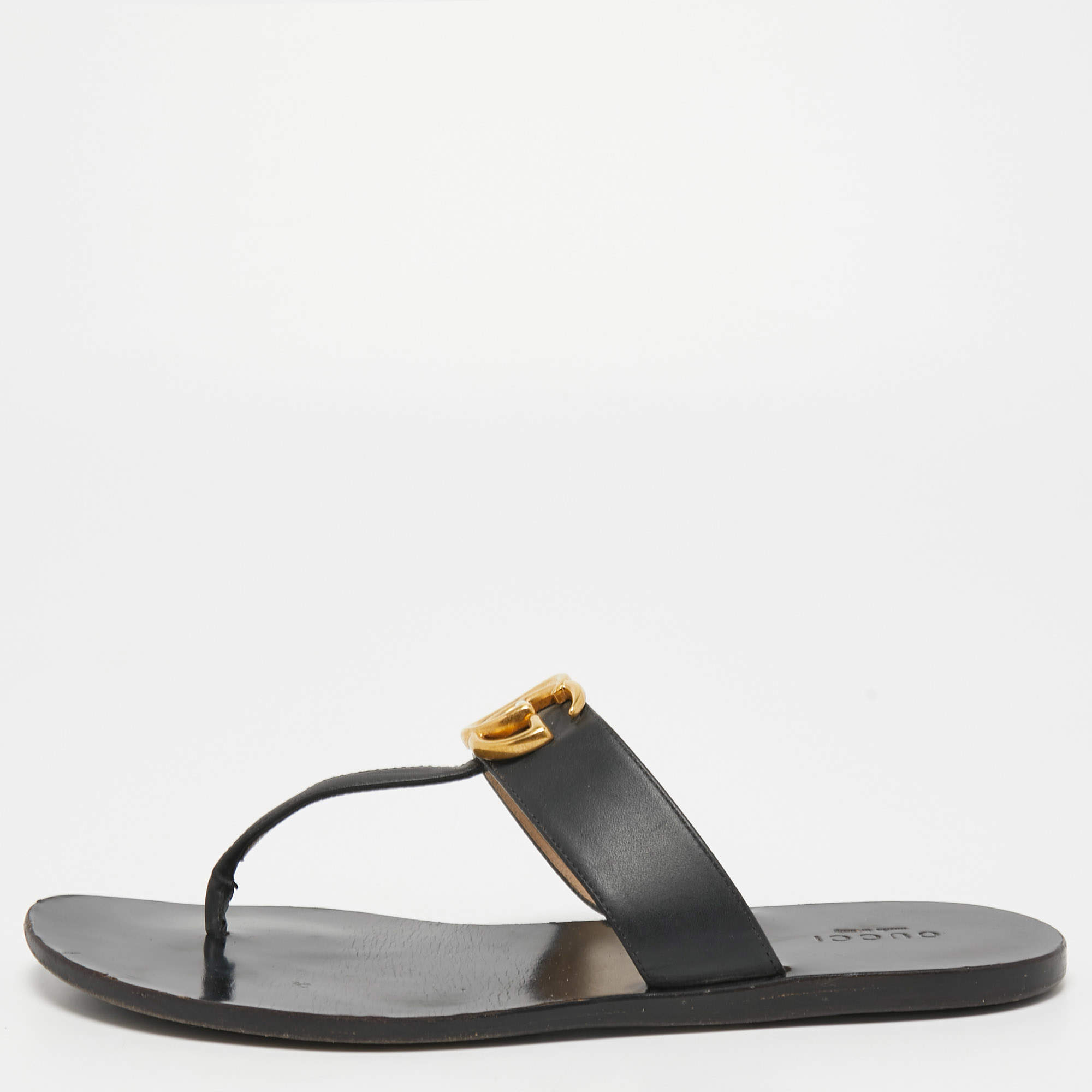 Gucci Black Leather GG Marmont Thong Flats Size 37.5