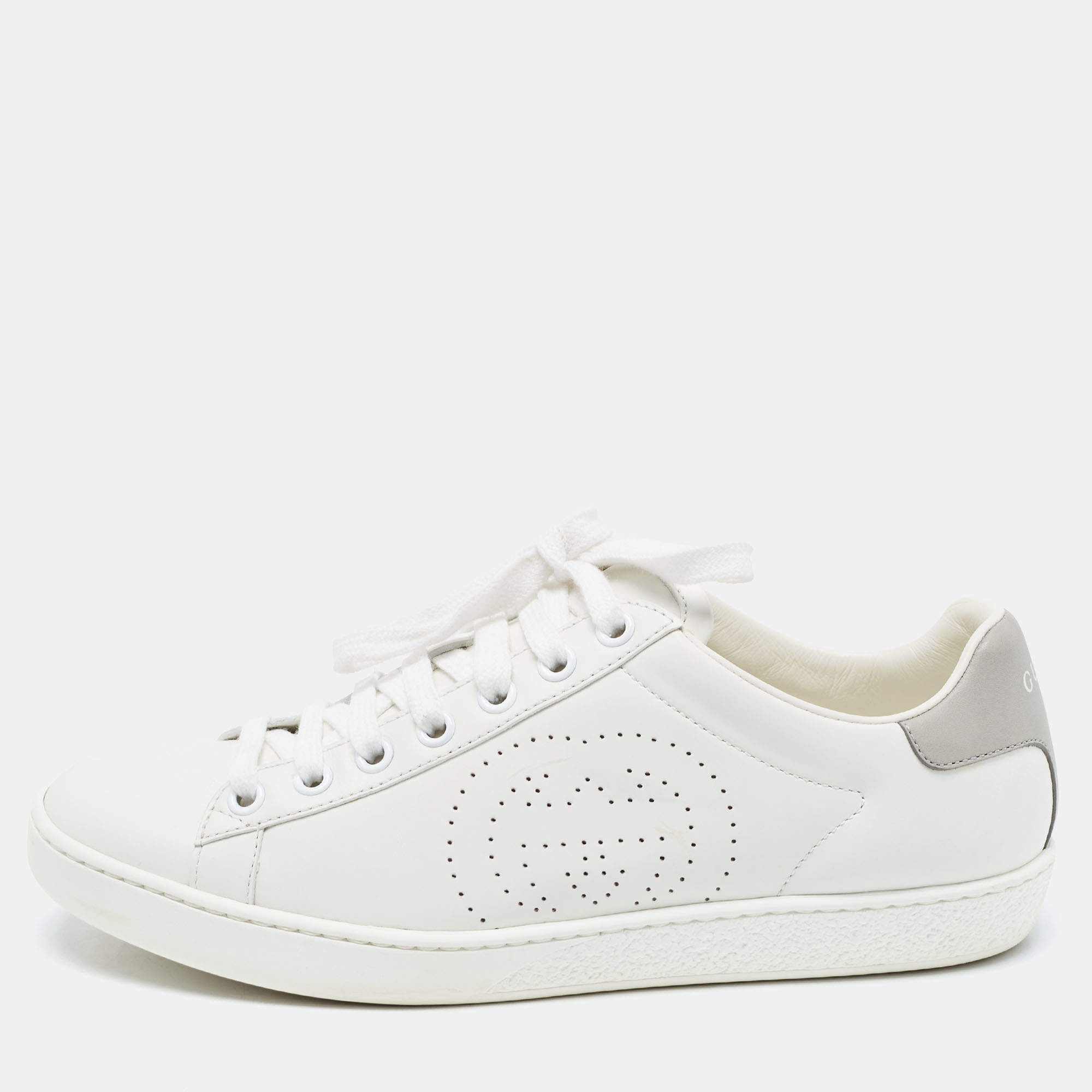Pre Owned Gucci White Perforated Interlocking G Leather Sneakers Size 36