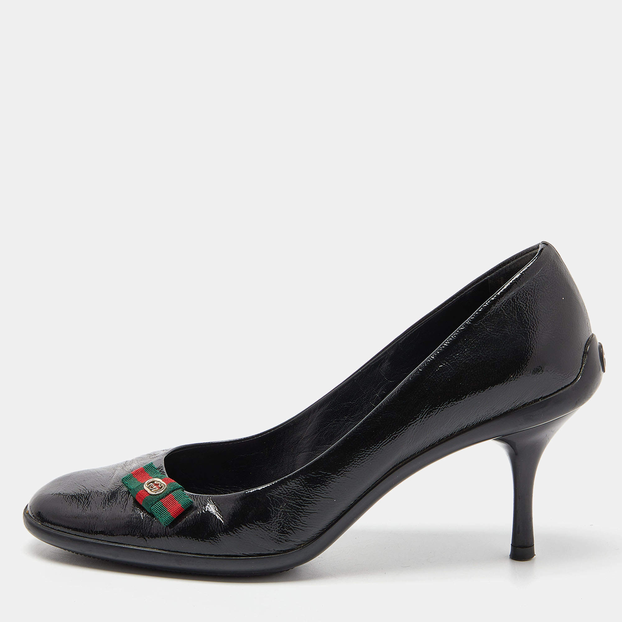 Pre Owned Gucci Black Patent Leather Web Bow Pumps Size 38.5