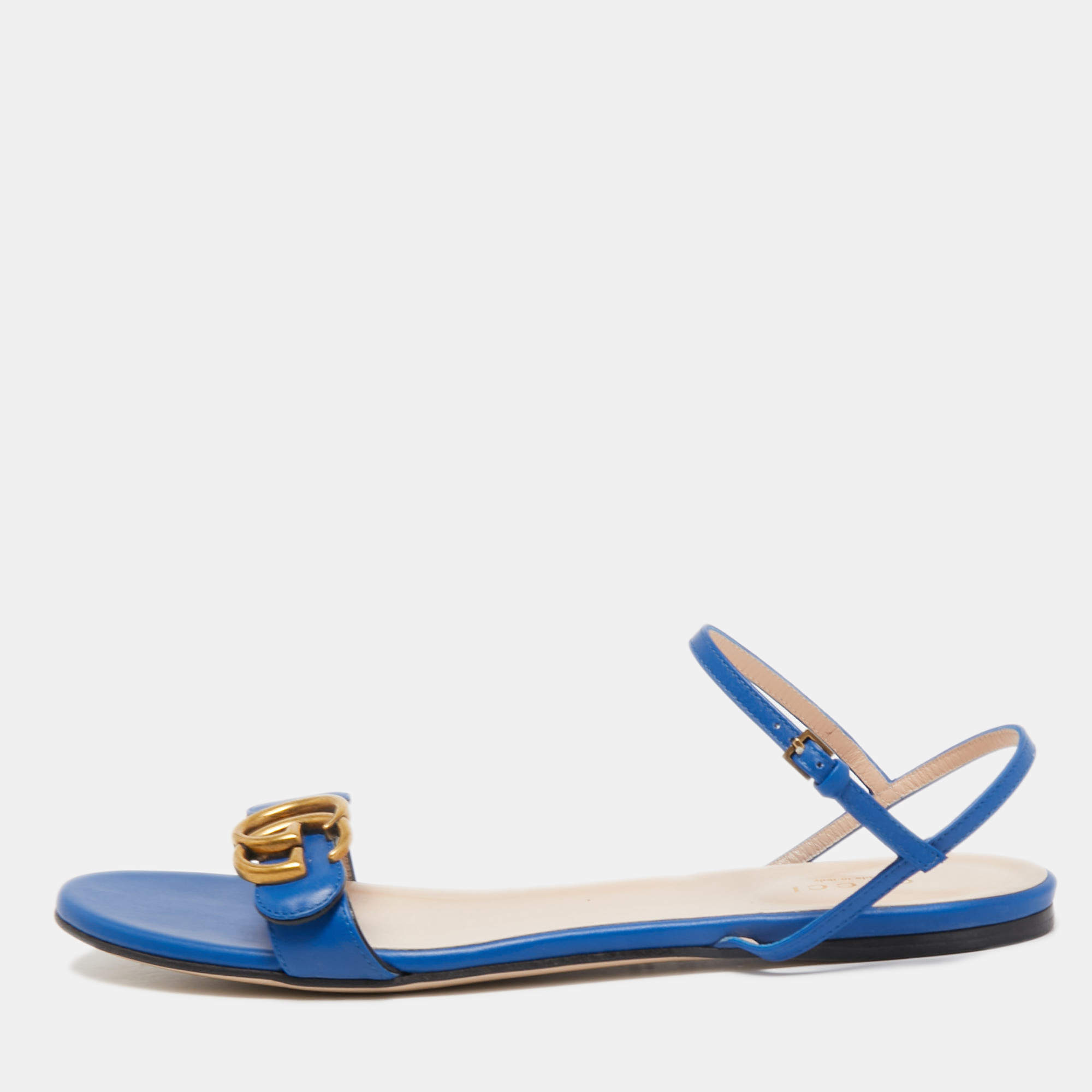 مملوكة مسبقًا Gucci Blue Leather GG Marmont Flat Sandals Size 39.5 